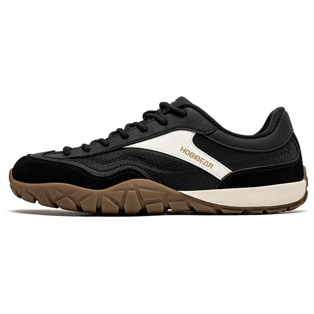 Wide-fit trail walking shoes with non-slip sole and retro styling