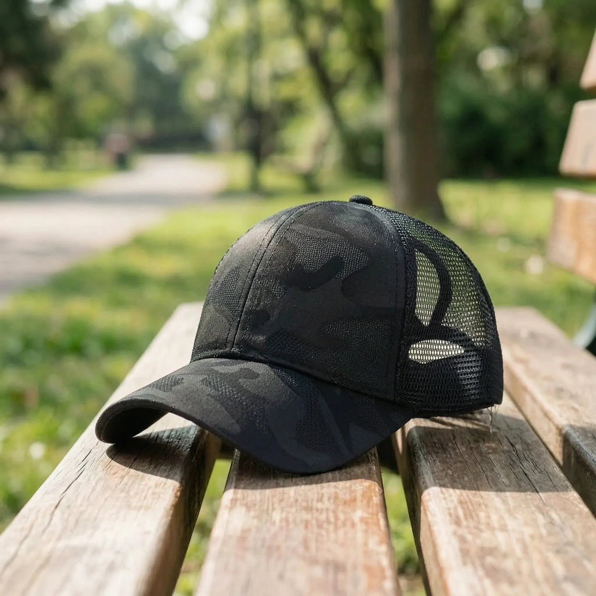 Women's baseball cap with ponytail opening, breathable mesh back