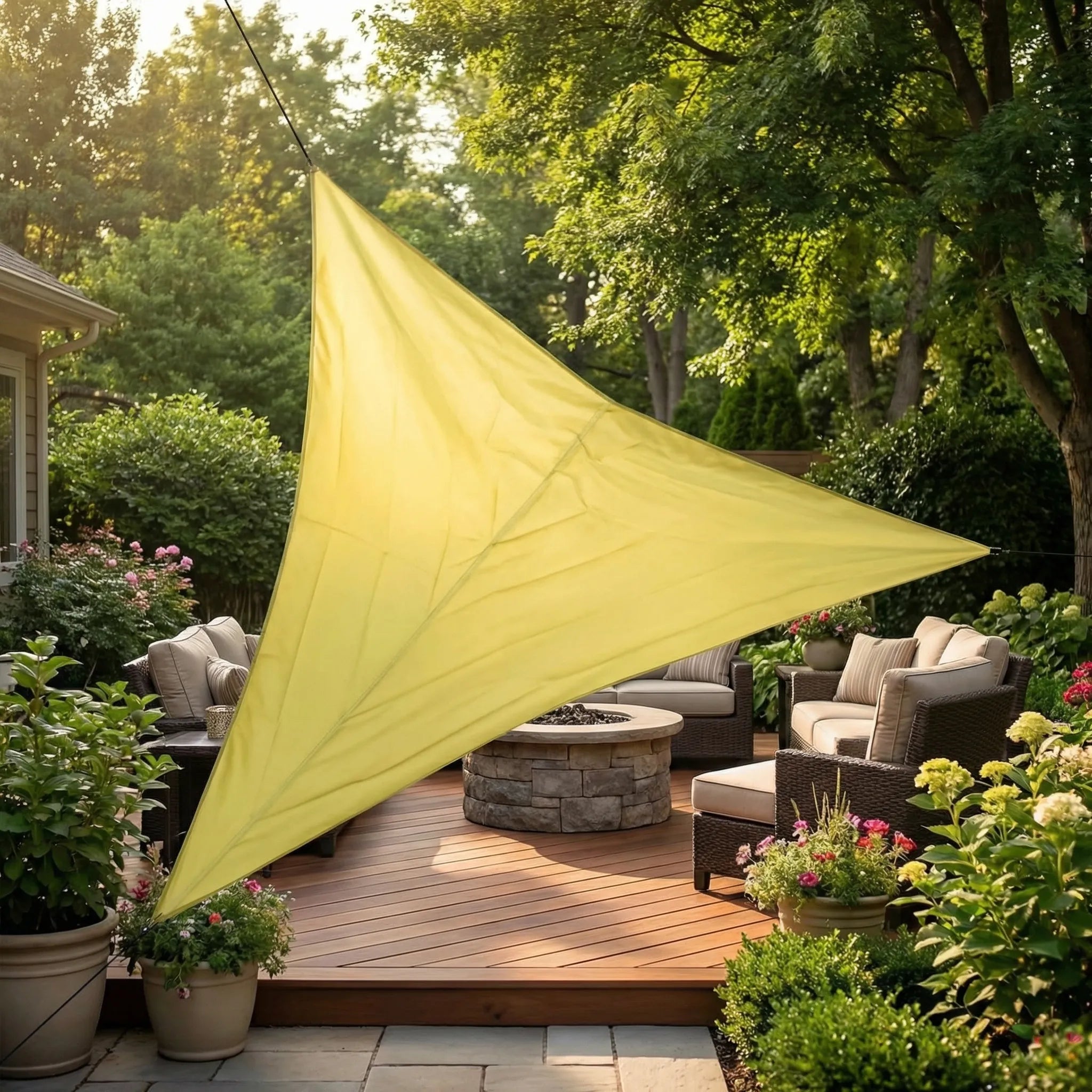 Triangular folding shade sail with reinforced corners for patio and campsite coverage