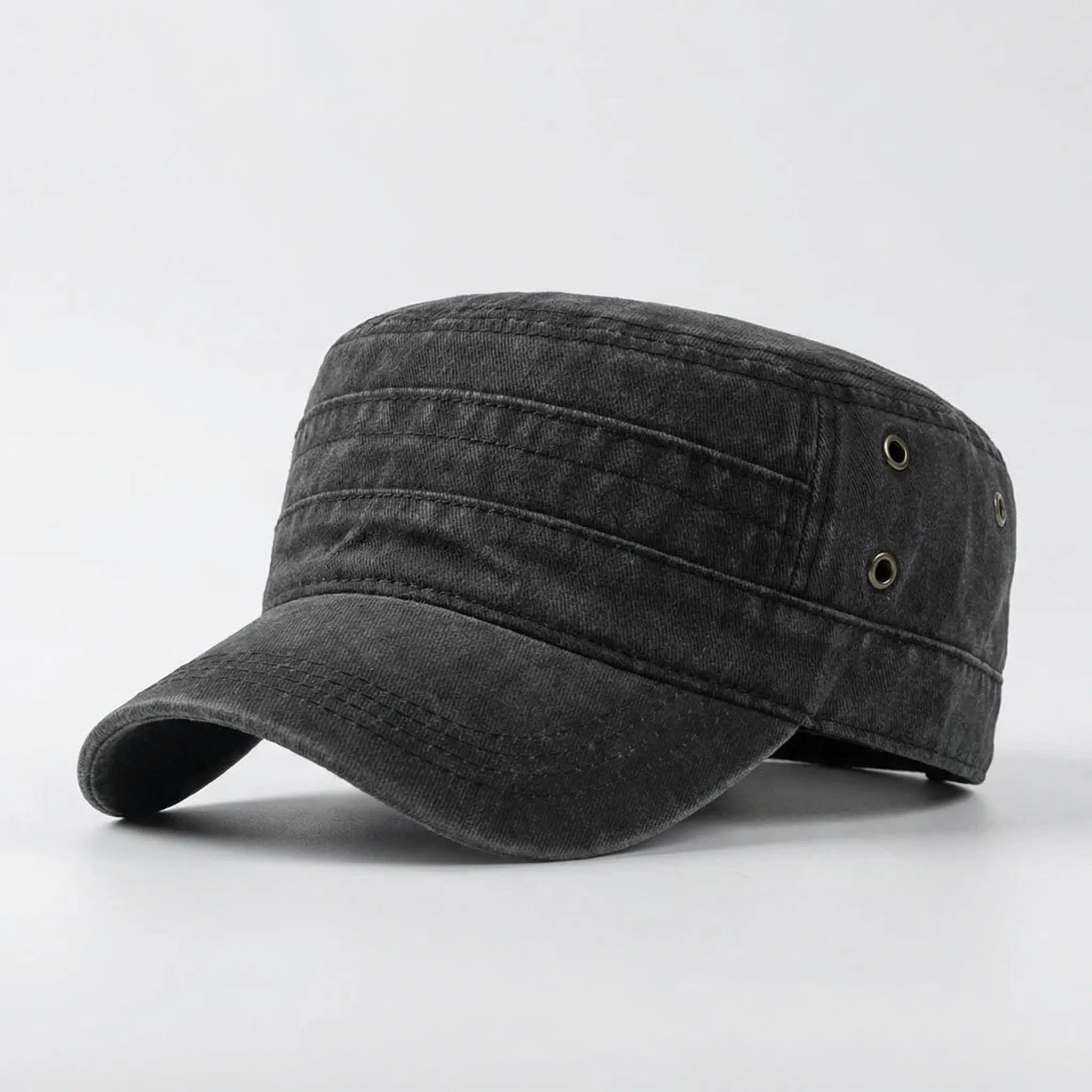 Washed flat-top military cap with short brim and generous fit
