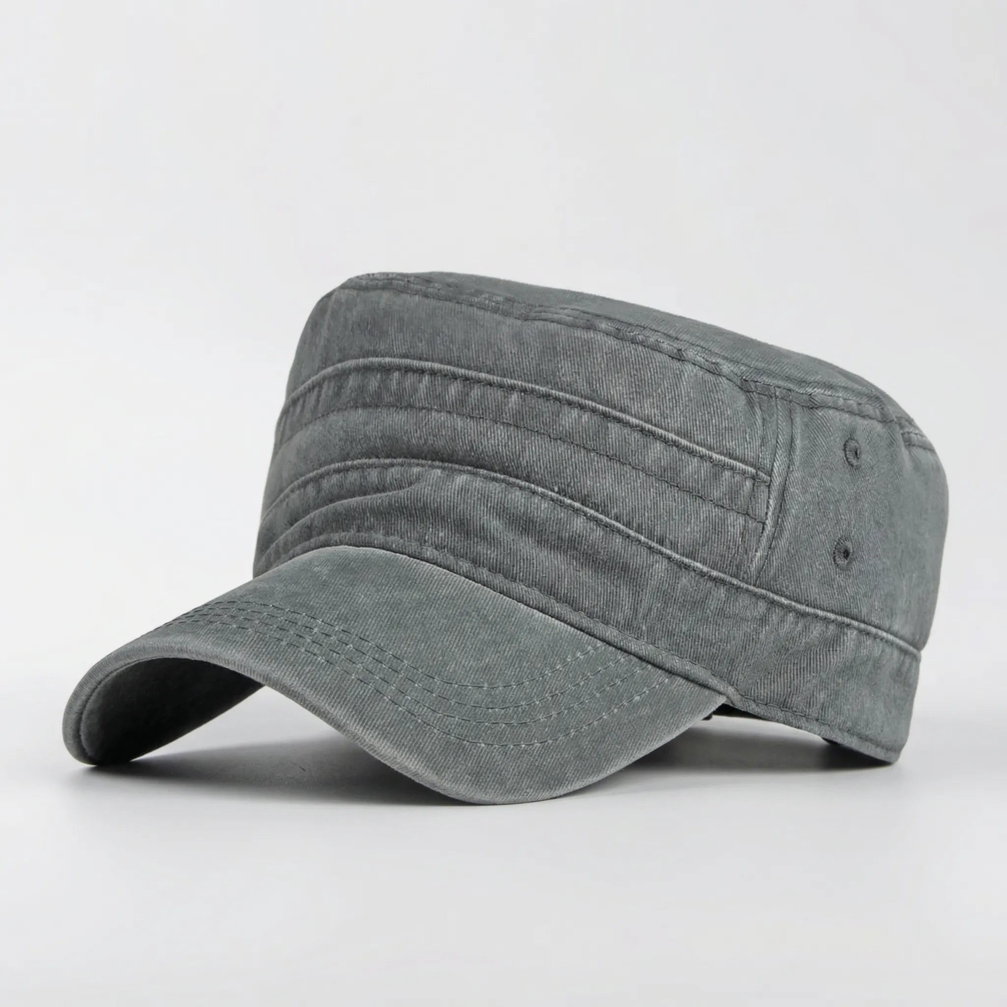 Washed flat-top military cap with short brim and generous fit