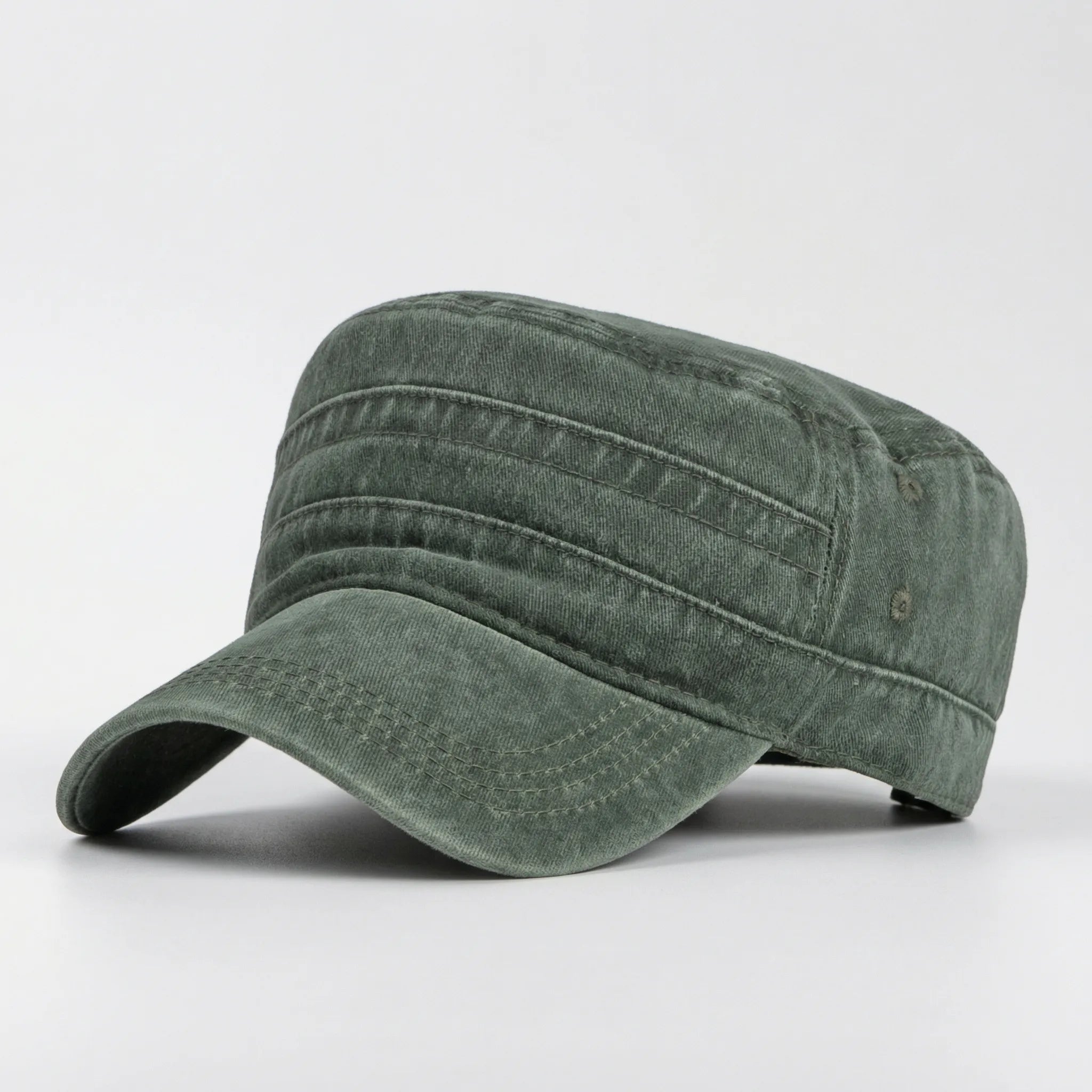 Washed flat-top military cap with short brim and generous fit