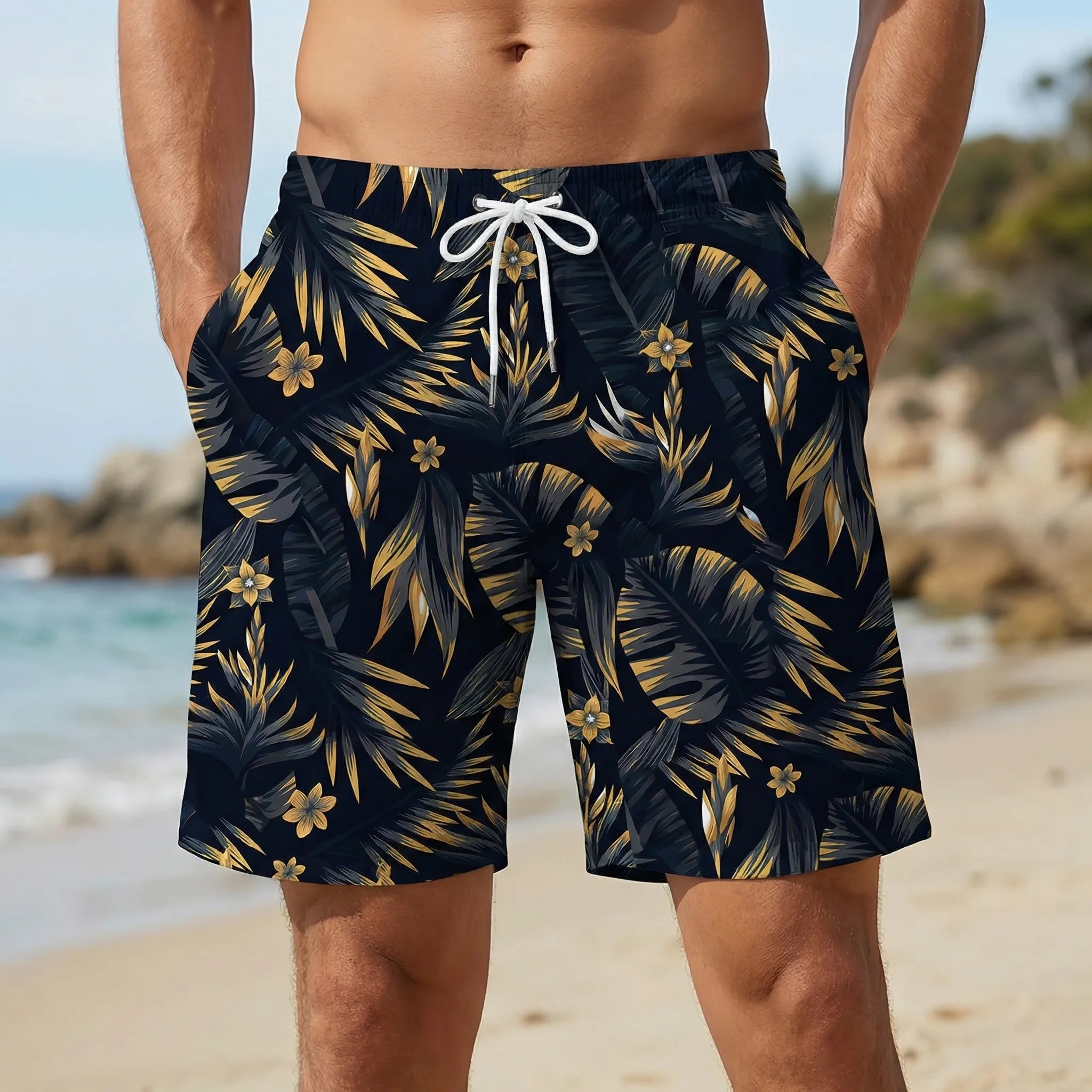 Men's relaxed fit swim shorts with quick-dry tropical leaf print