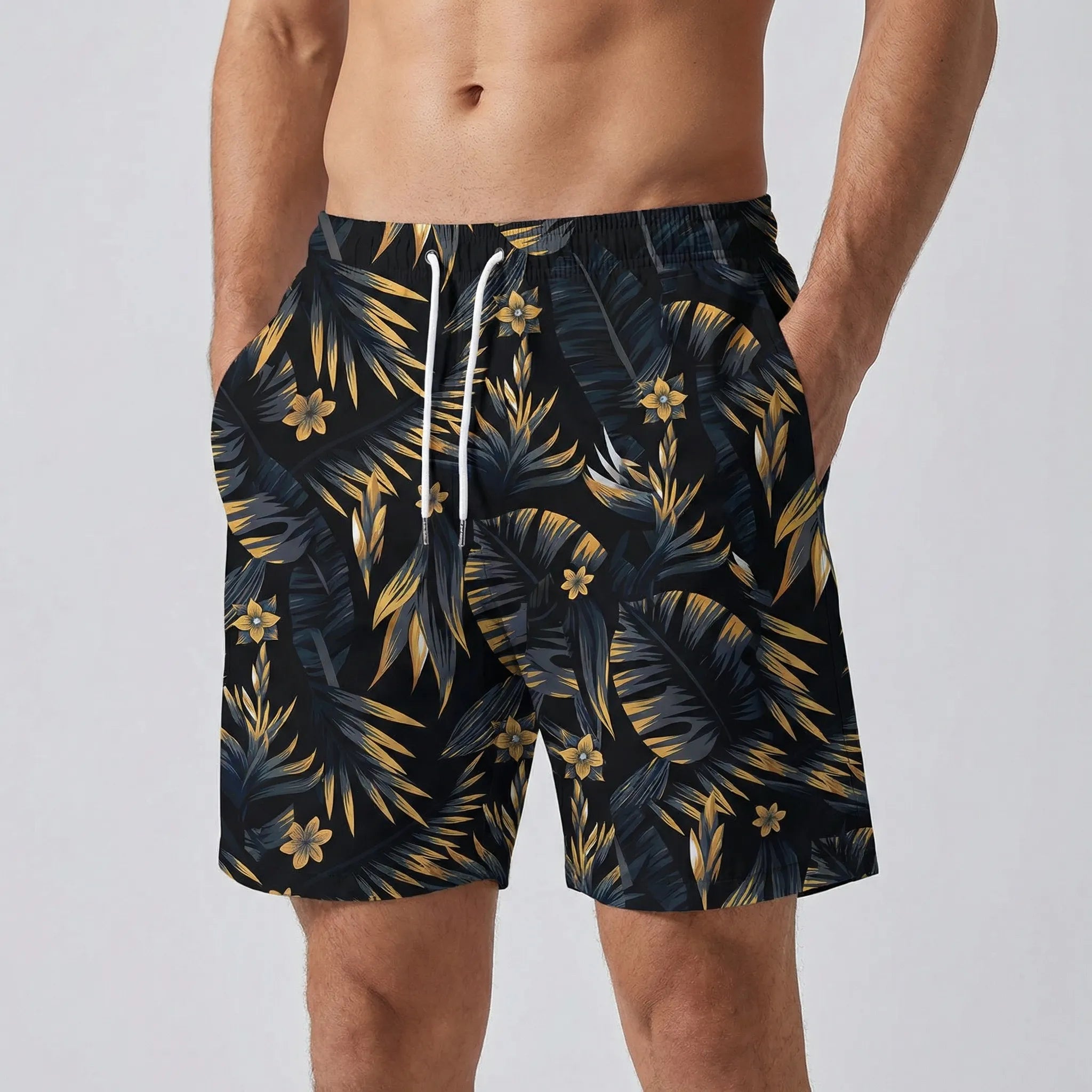 Men's relaxed fit swim shorts with quick-dry tropical leaf print
