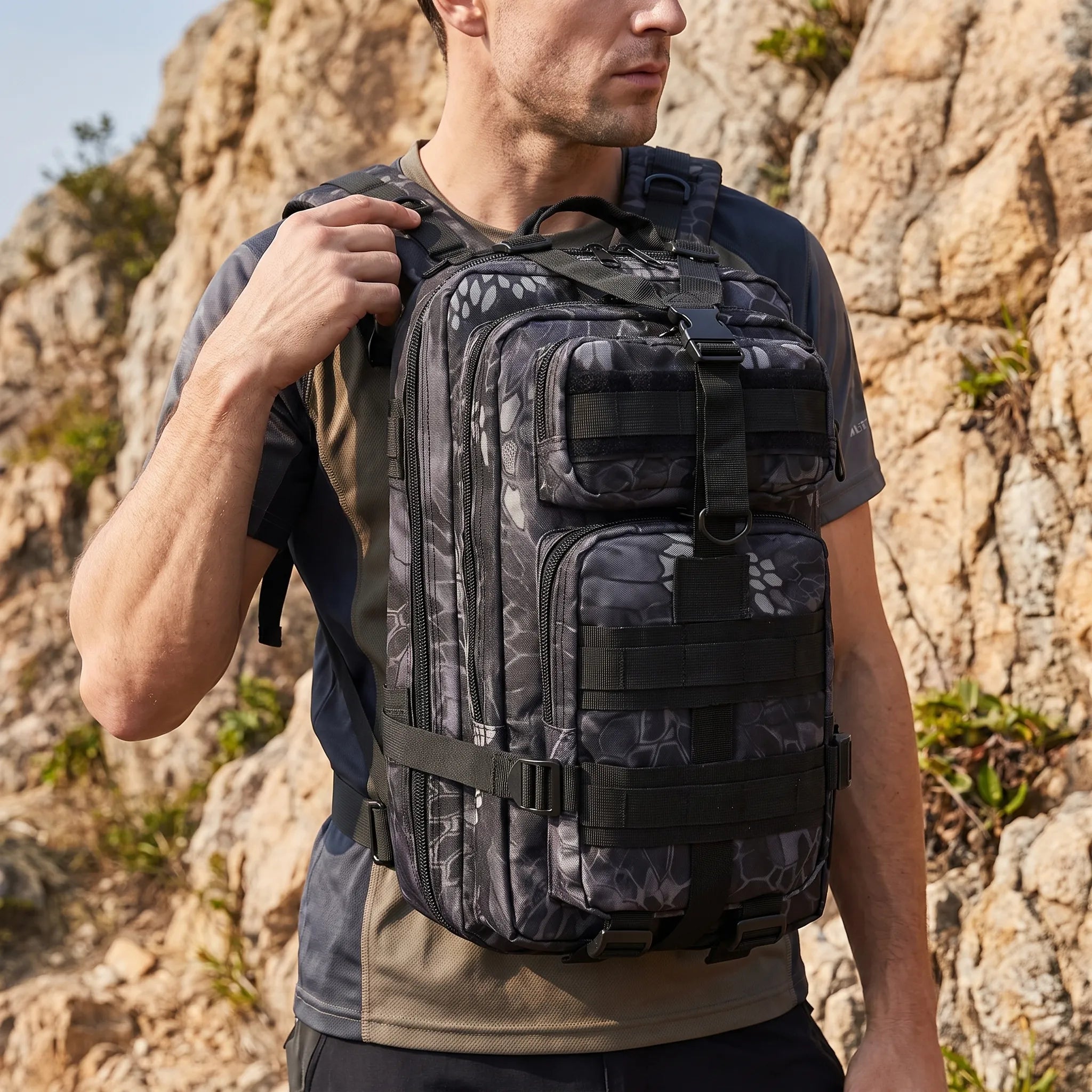 Multi-compartment day pack with padded straps and compression design