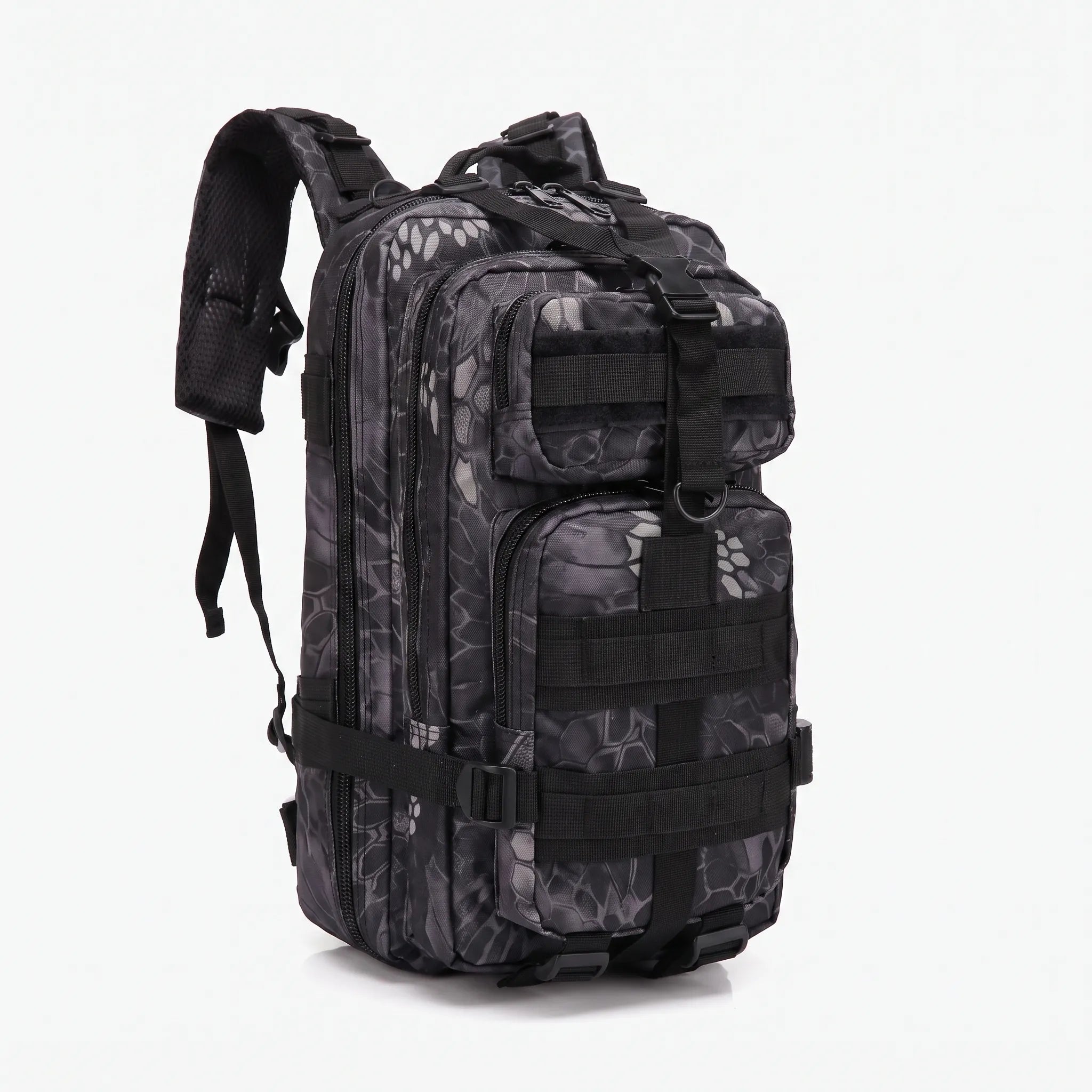 Multi-compartment day pack with padded straps and compression design