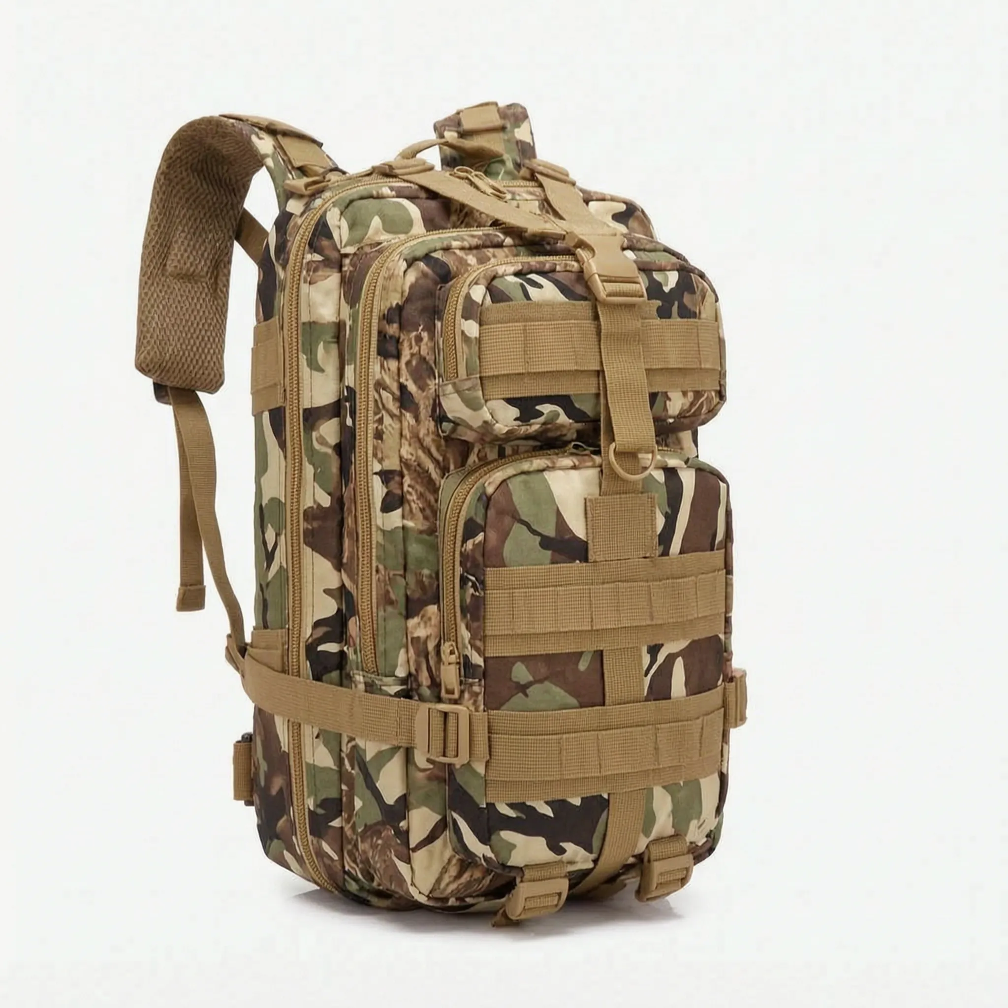 Multi-compartment day pack with padded straps and compression design