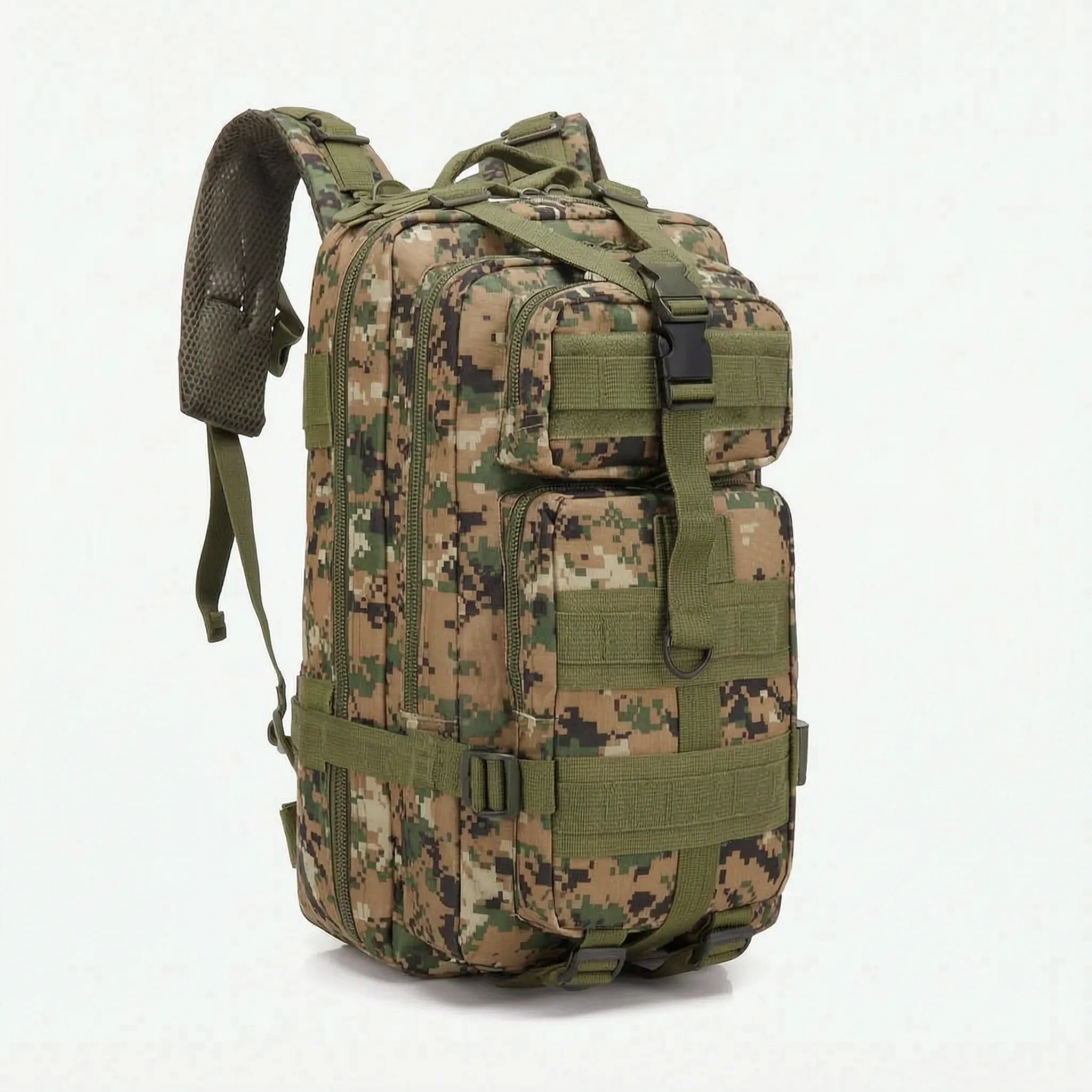 Multi-compartment day pack with padded straps and compression design