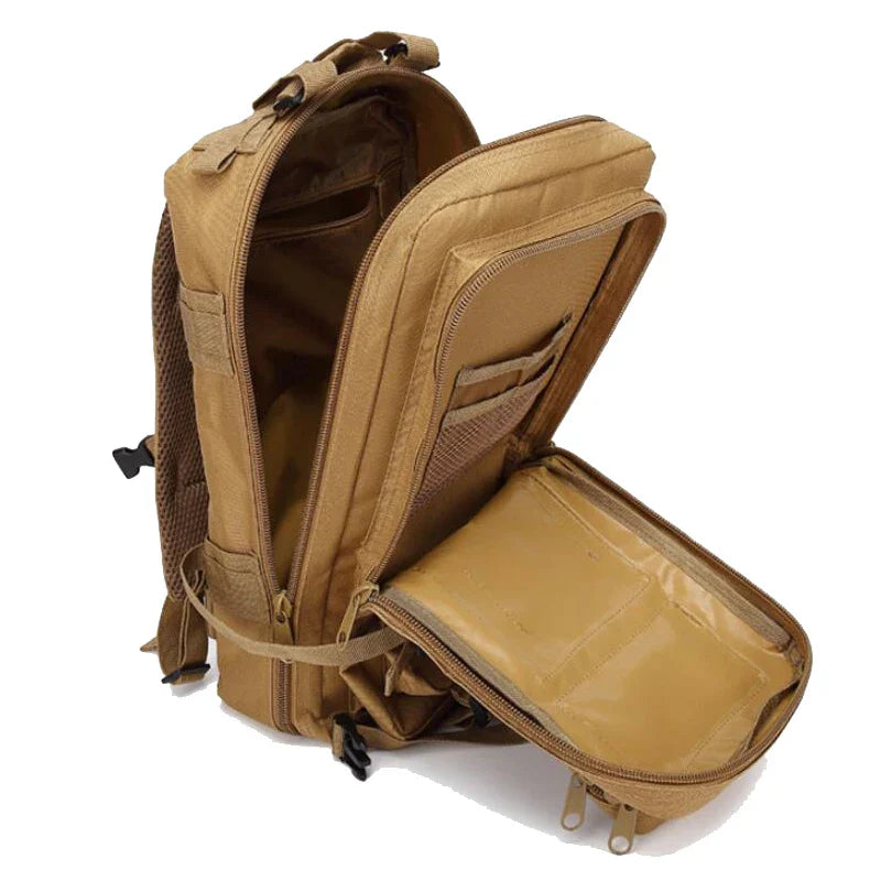 Multi-compartment day pack with padded straps and compression design