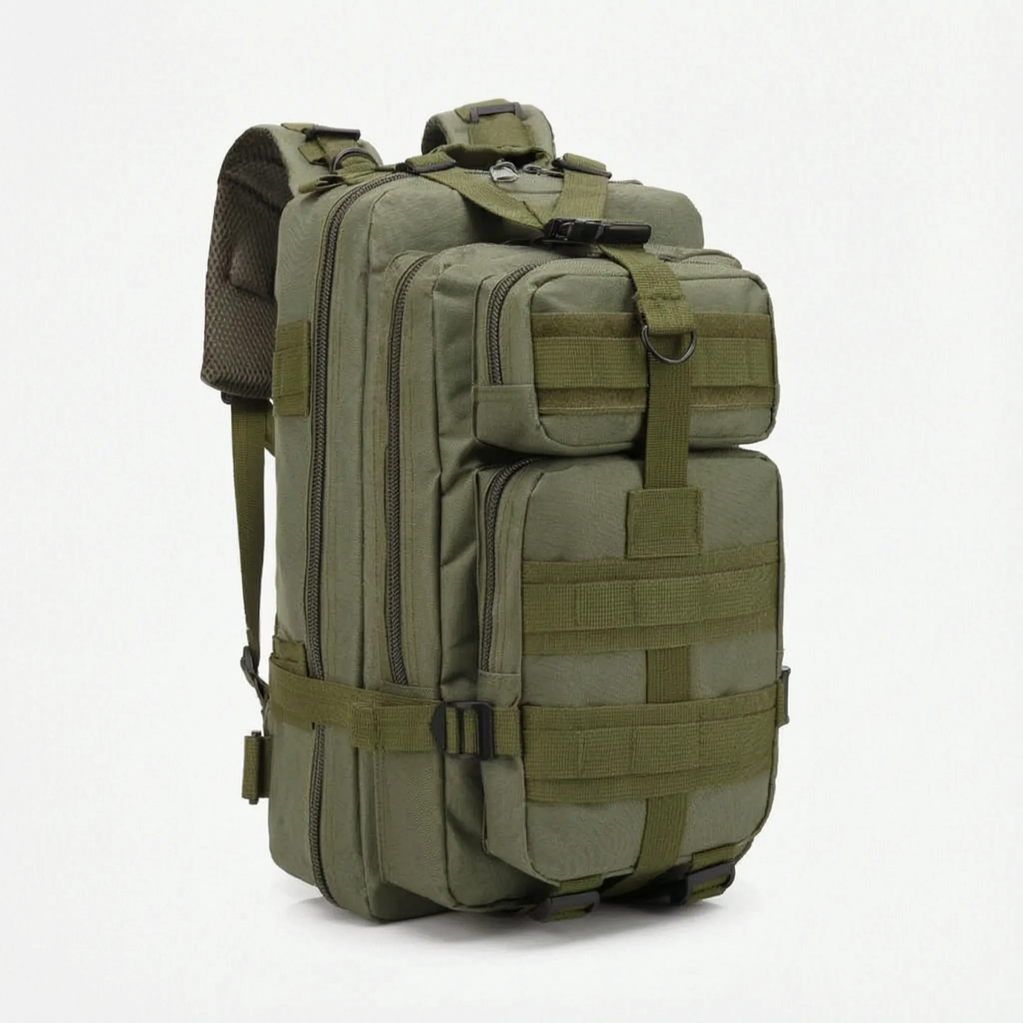 Multi-compartment day pack with padded straps and compression design