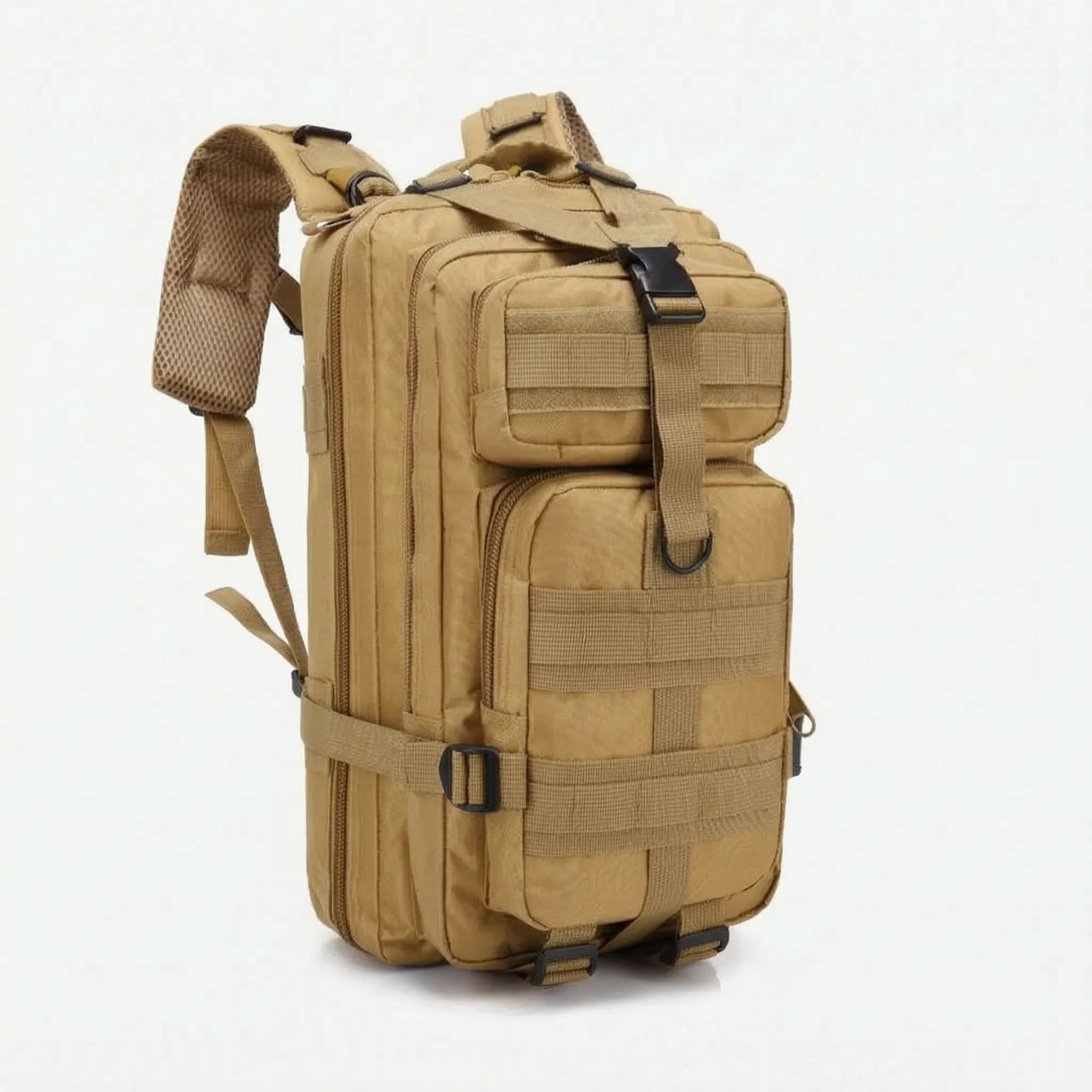 Multi-compartment day pack with padded straps and compression design
