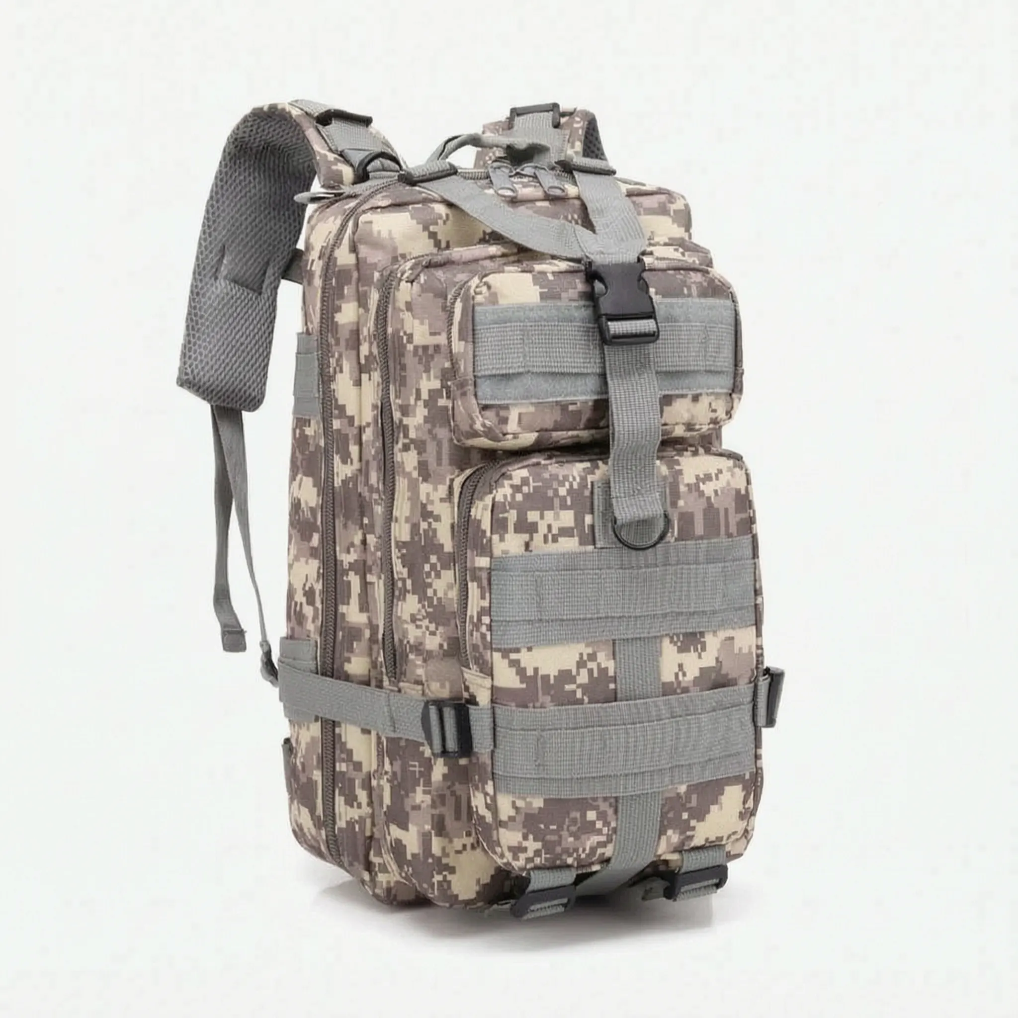 Multi-compartment day pack with padded straps and compression design