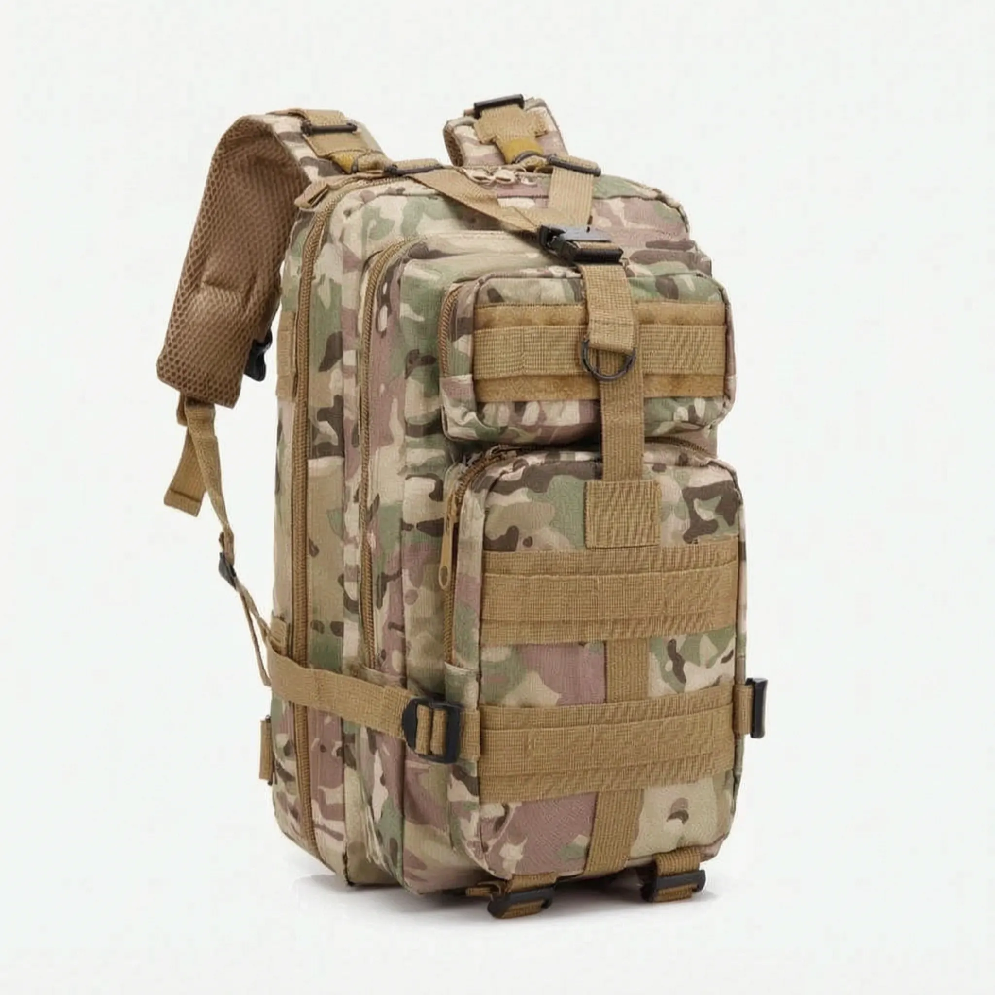Multi-compartment day pack with padded straps and compression design