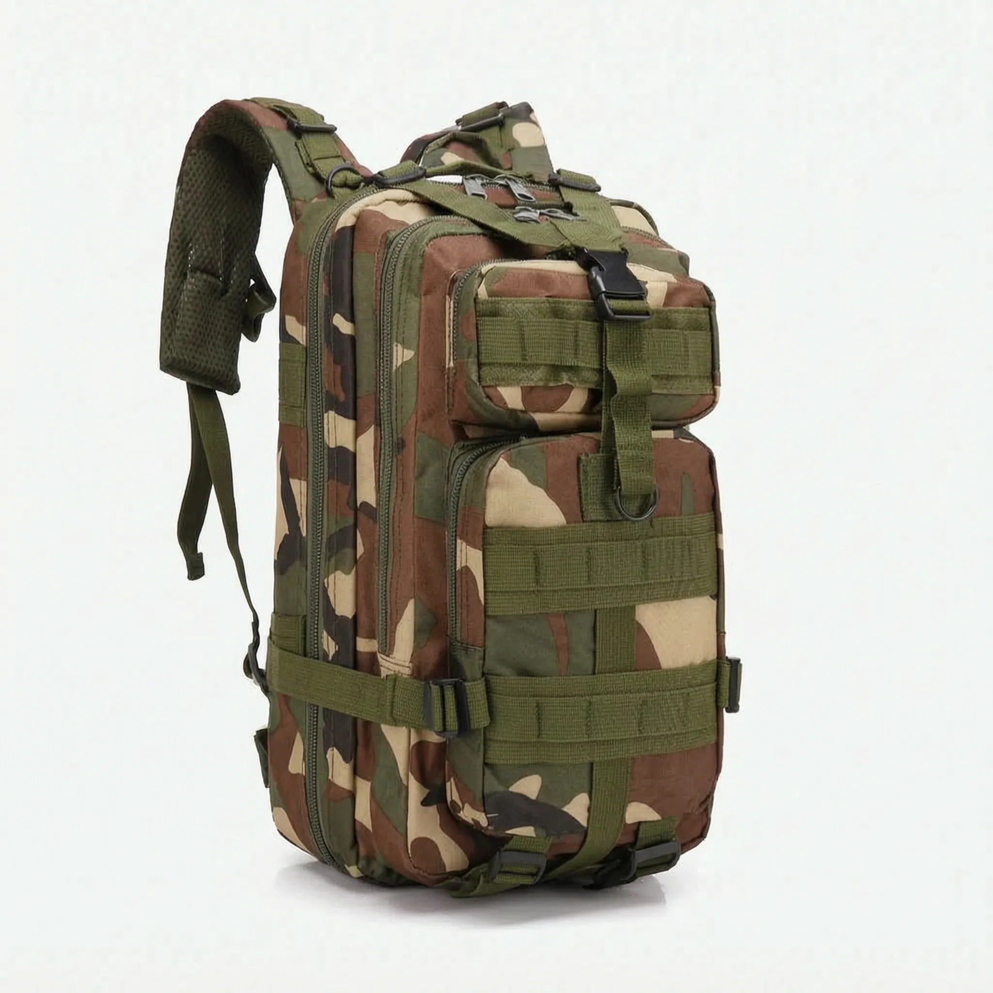 Multi-compartment day pack with padded straps and compression design