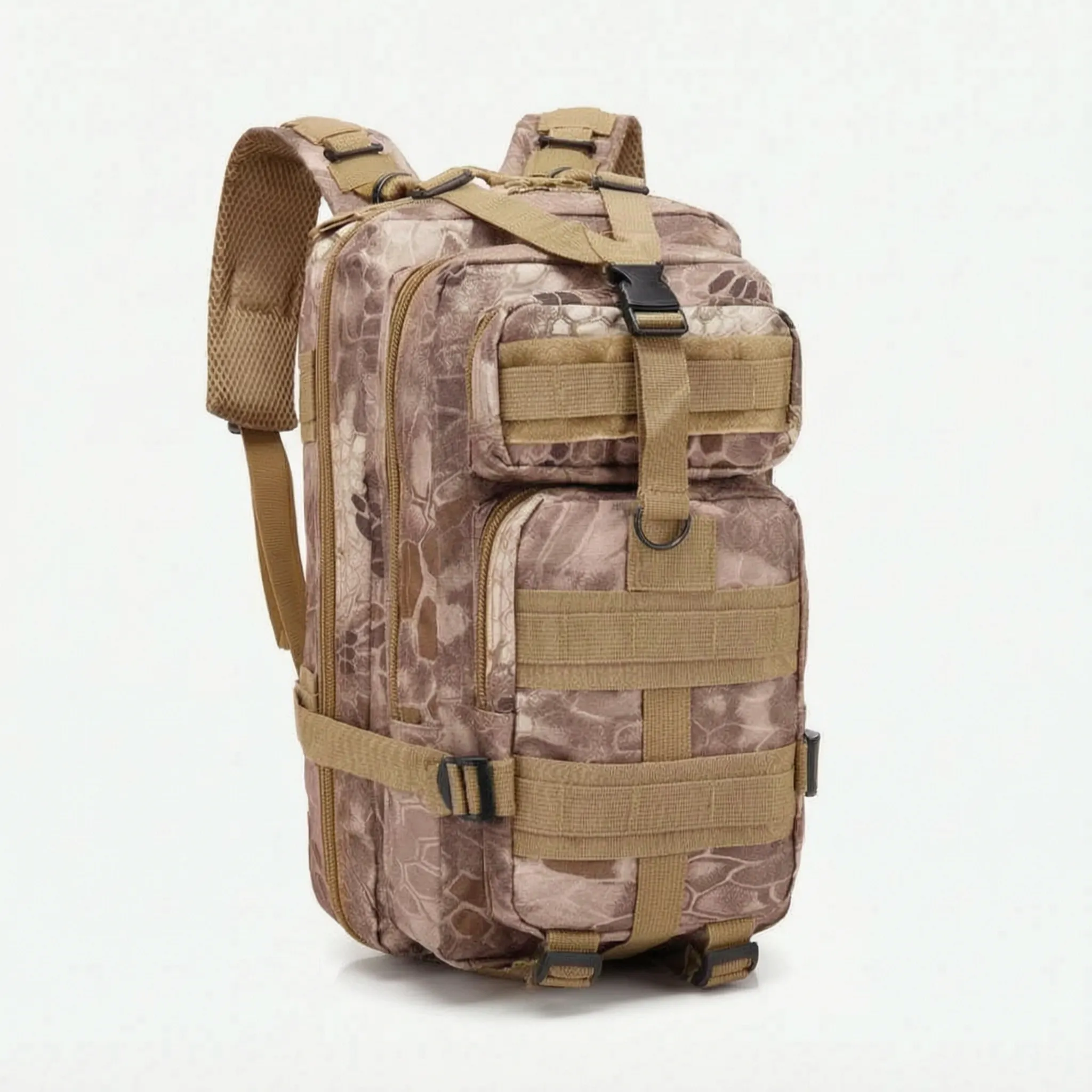 Multi-compartment day pack with padded straps and compression design
