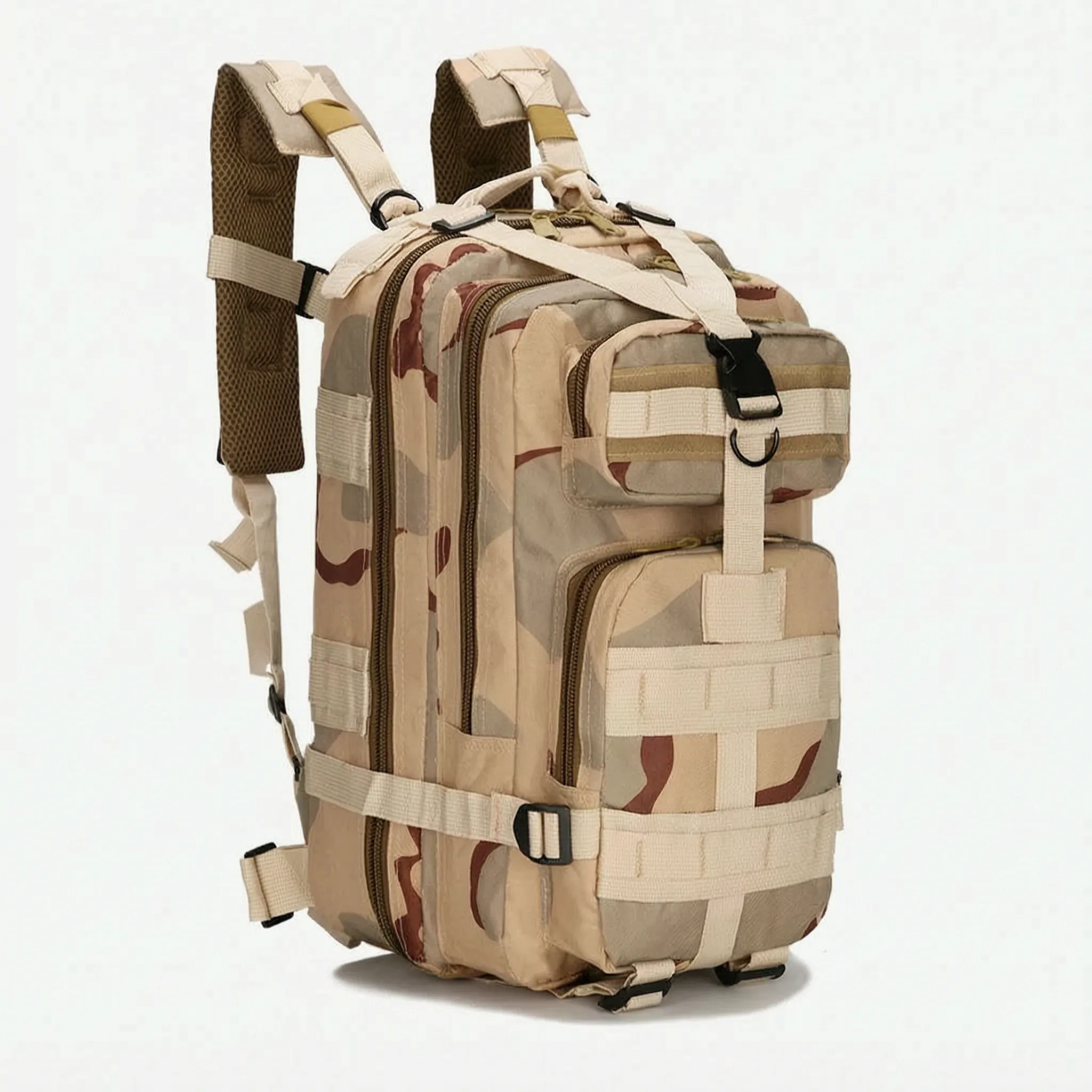 Multi-compartment day pack with padded straps and compression design