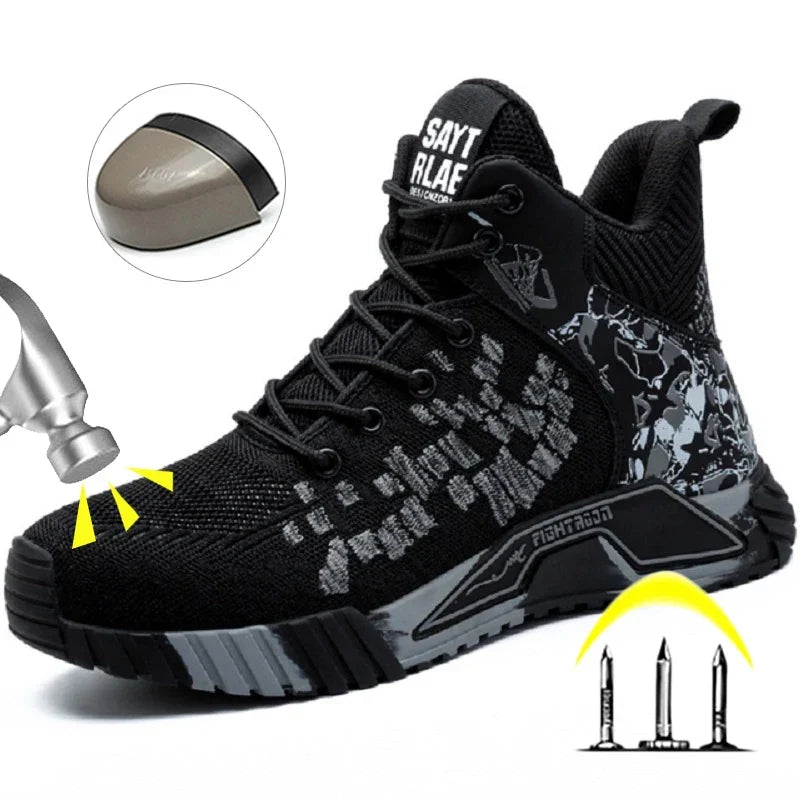 High-cut safety work boots with reinforced toe and puncture-resistant sole