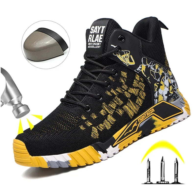High-cut safety work boots with reinforced toe and puncture-resistant sole