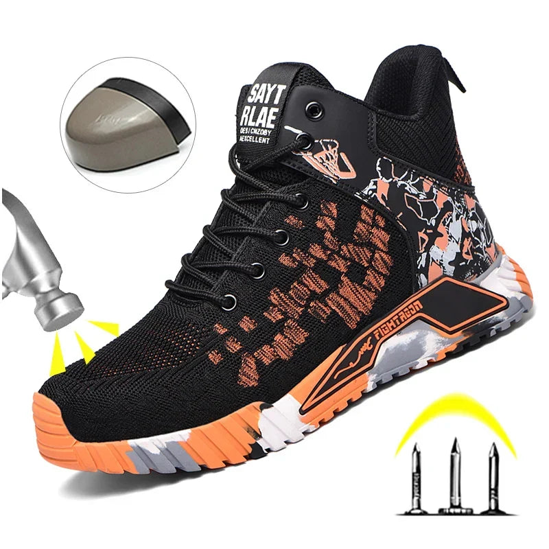 High-cut safety work boots with reinforced toe and puncture-resistant sole