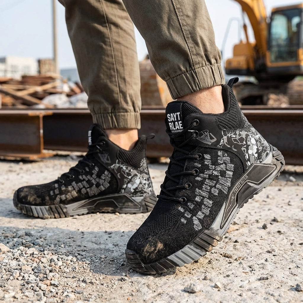 High-cut safety work boots with reinforced toe and puncture-resistant sole