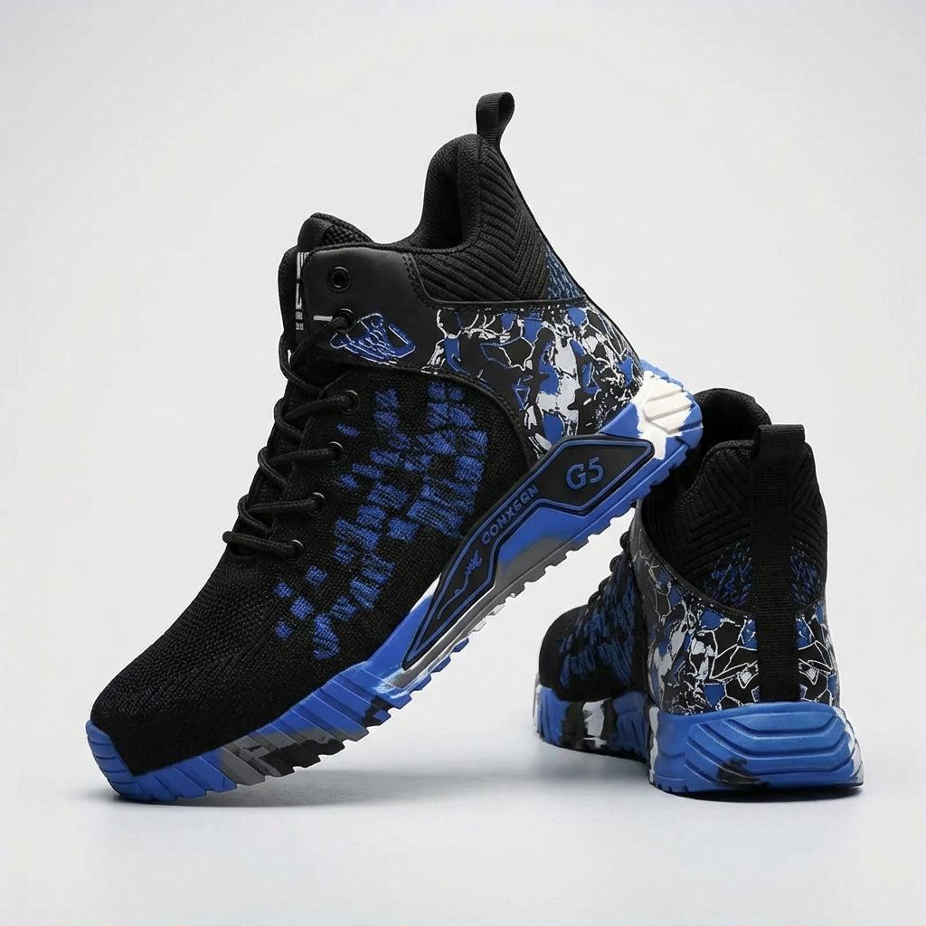 High-cut safety work boots with reinforced toe and puncture-resistant sole