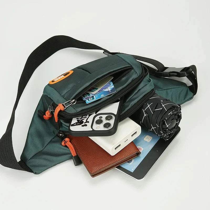 Water resistant shoulder bag waist pack with multiple compartments