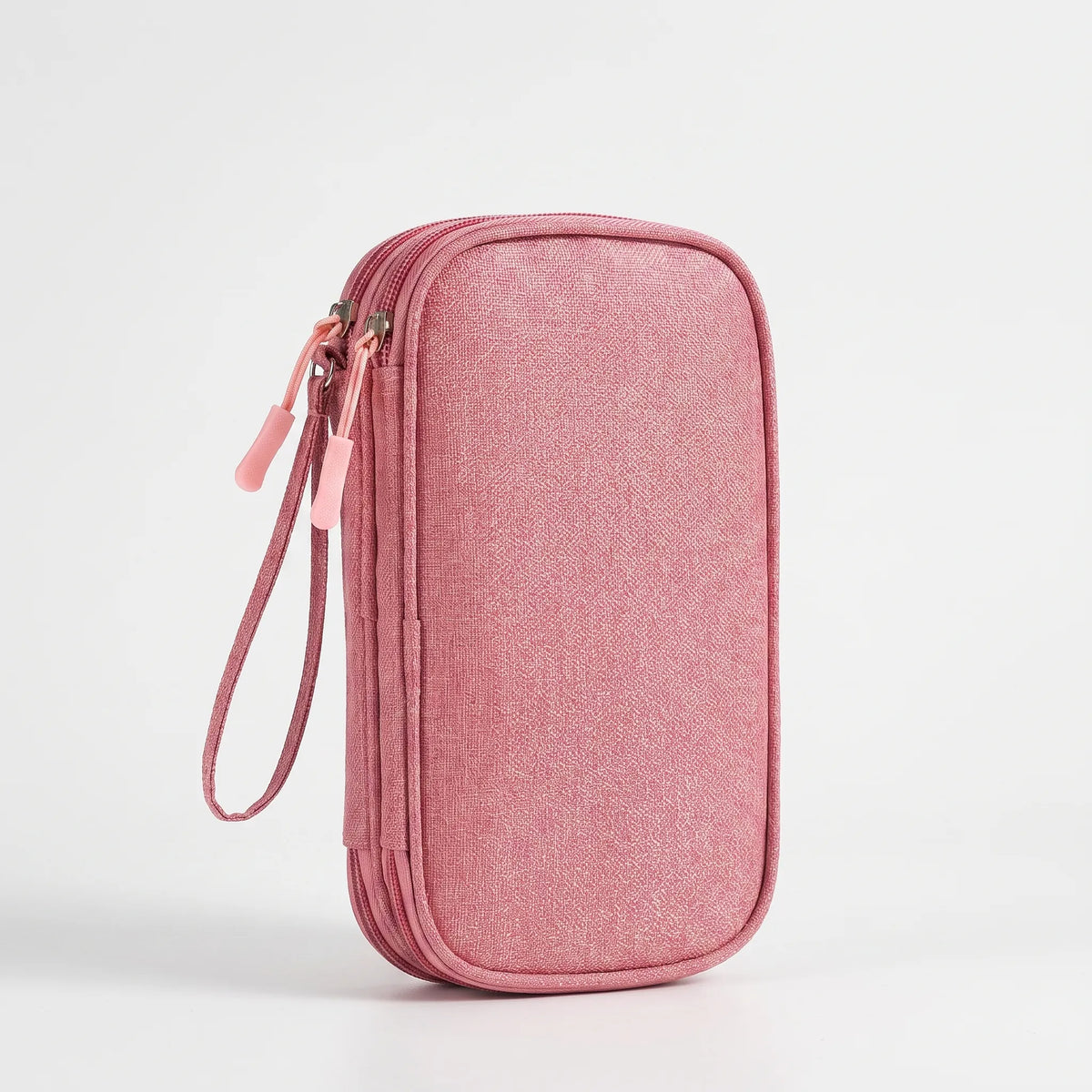 Travel cable organizer bag with mesh pockets and water-repellent shell