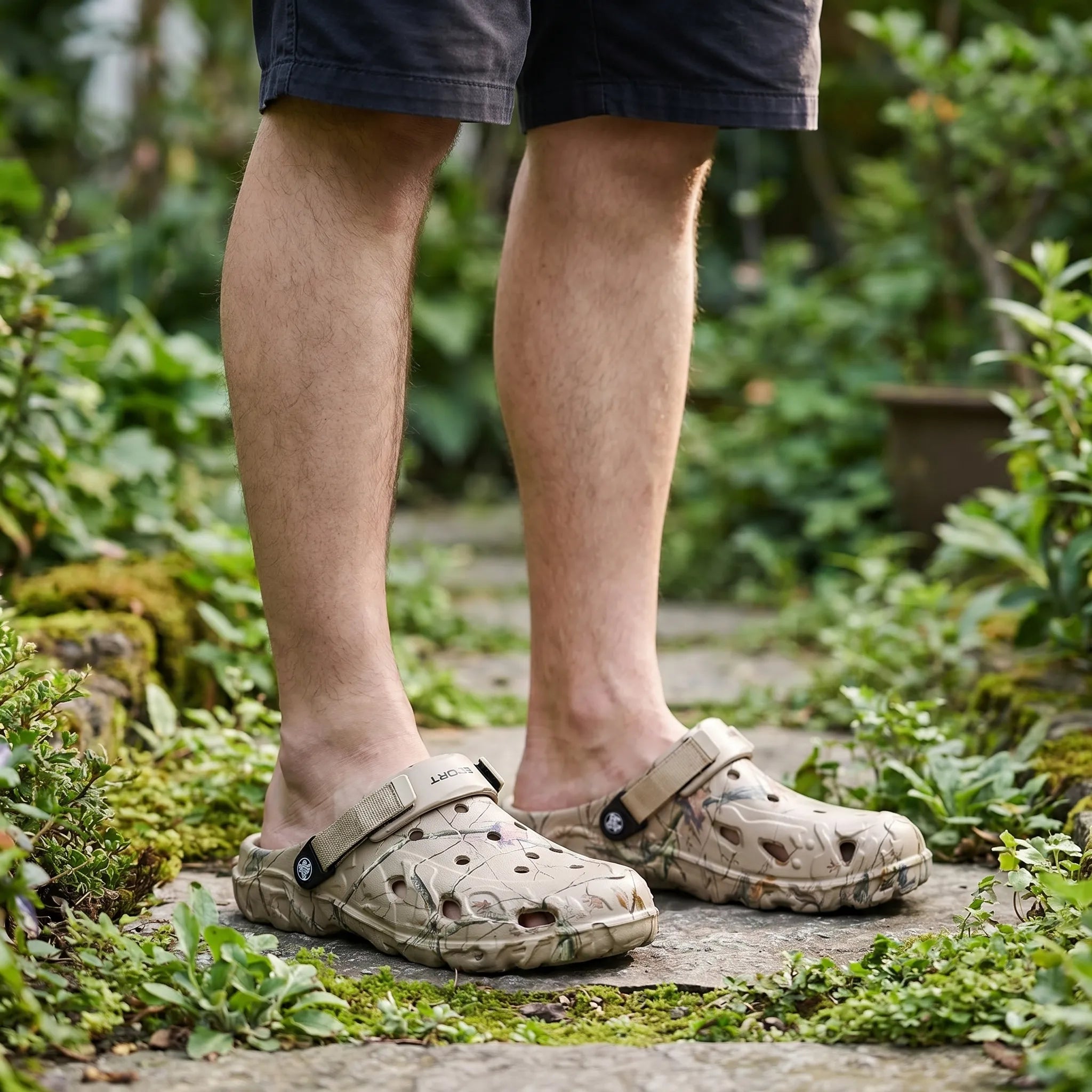 Men's camouflage clogs with adjustable heel strap and breathable design