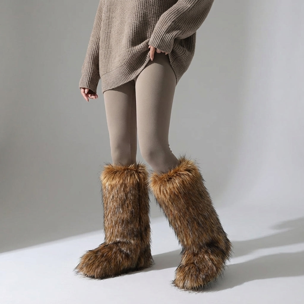Women's knee-high fuzzy winter boots with plush lining slip-on closure