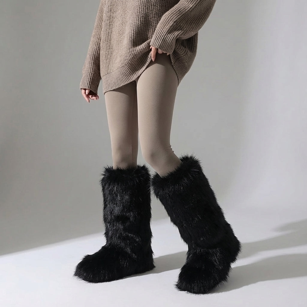 Women's knee-high fuzzy winter boots with plush lining slip-on closure