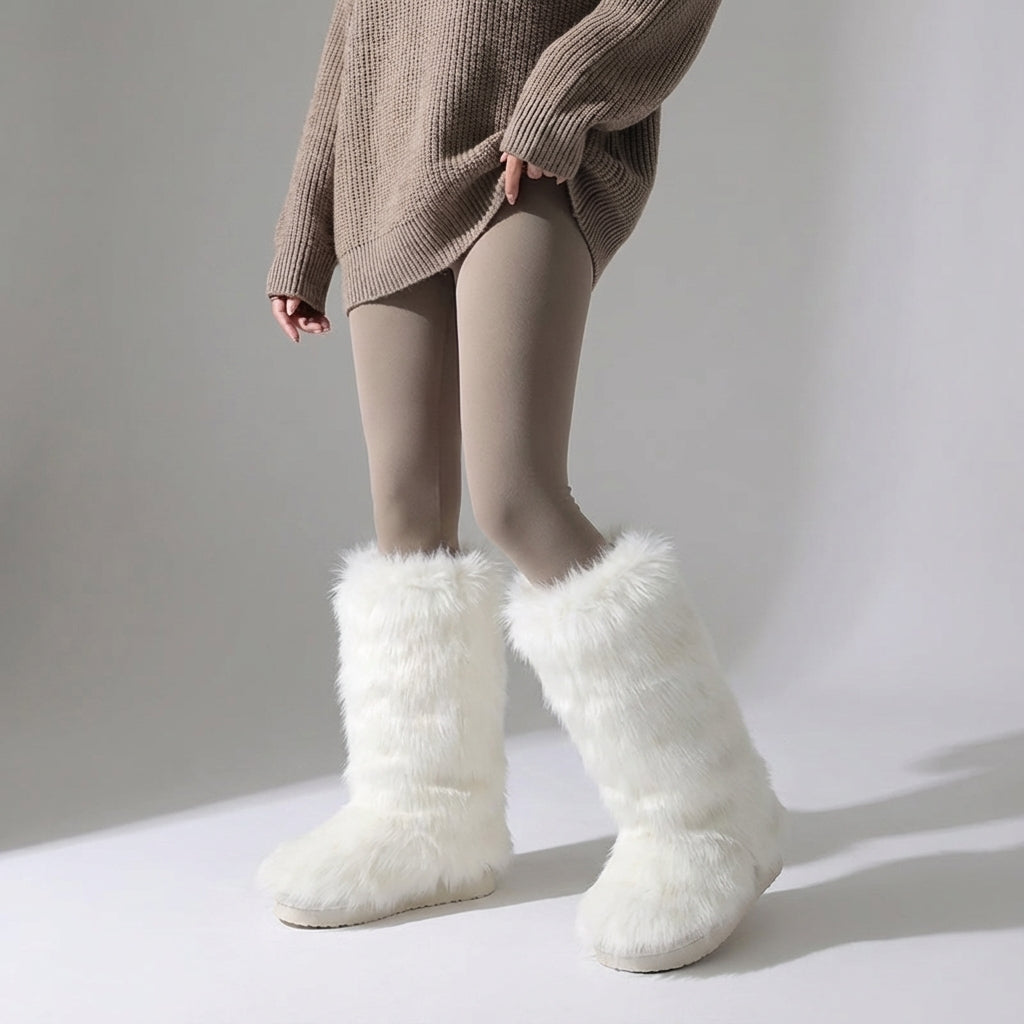 Women's knee-high fuzzy winter boots with plush lining slip-on closure