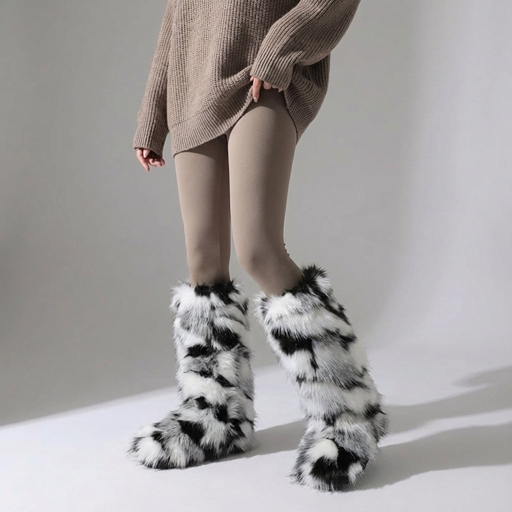 Women's knee-high fuzzy winter boots with plush lining slip-on closure