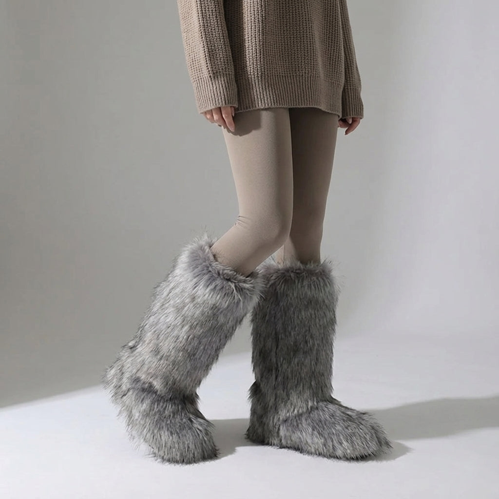 Women's knee-high fuzzy winter boots with plush lining slip-on closure