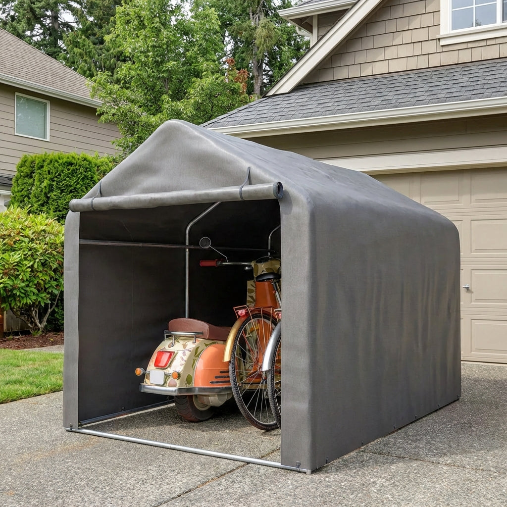 Compact bicycle shelter with roll-up door for bikes and garden equipment