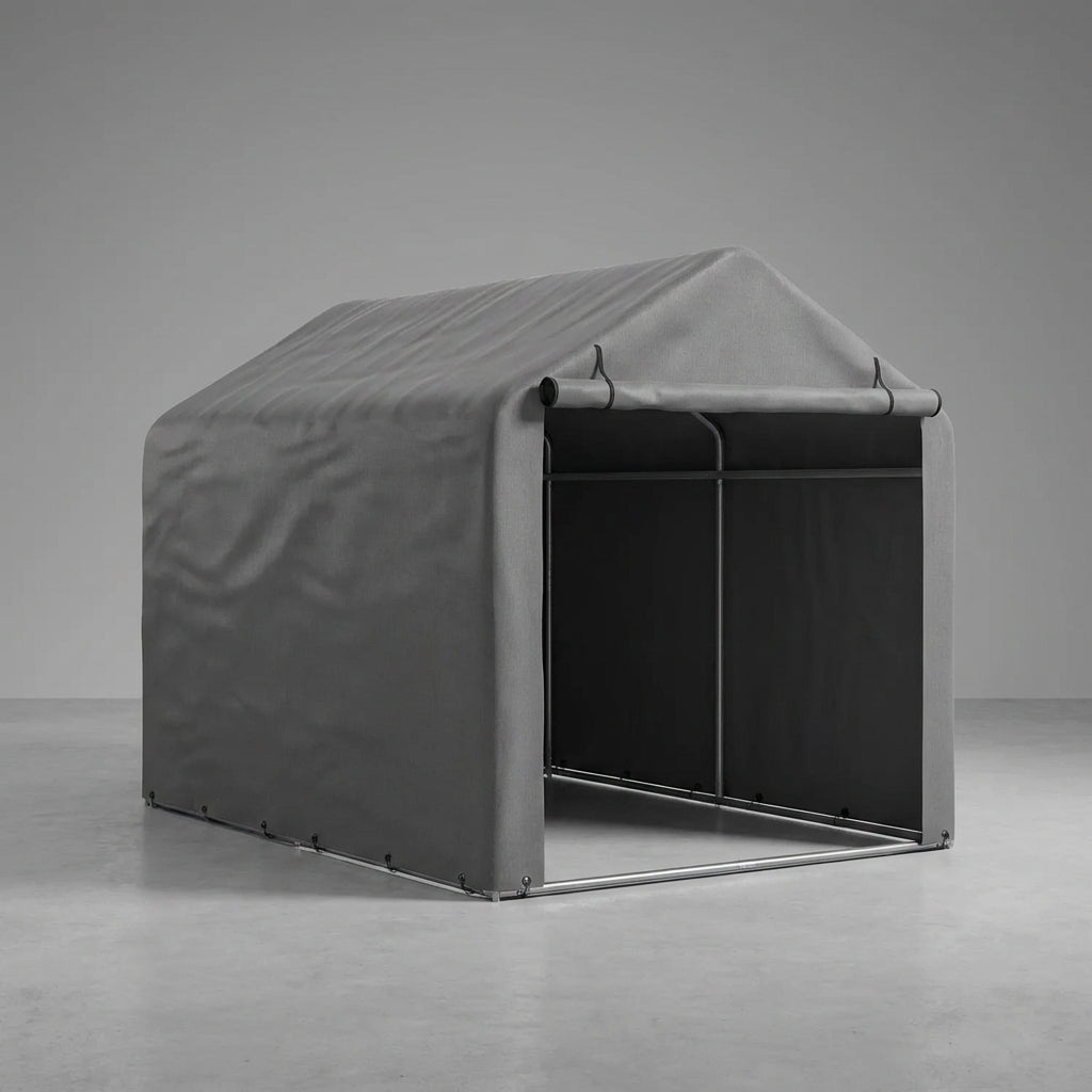 Compact bicycle shelter with roll-up door for bikes and garden equipment