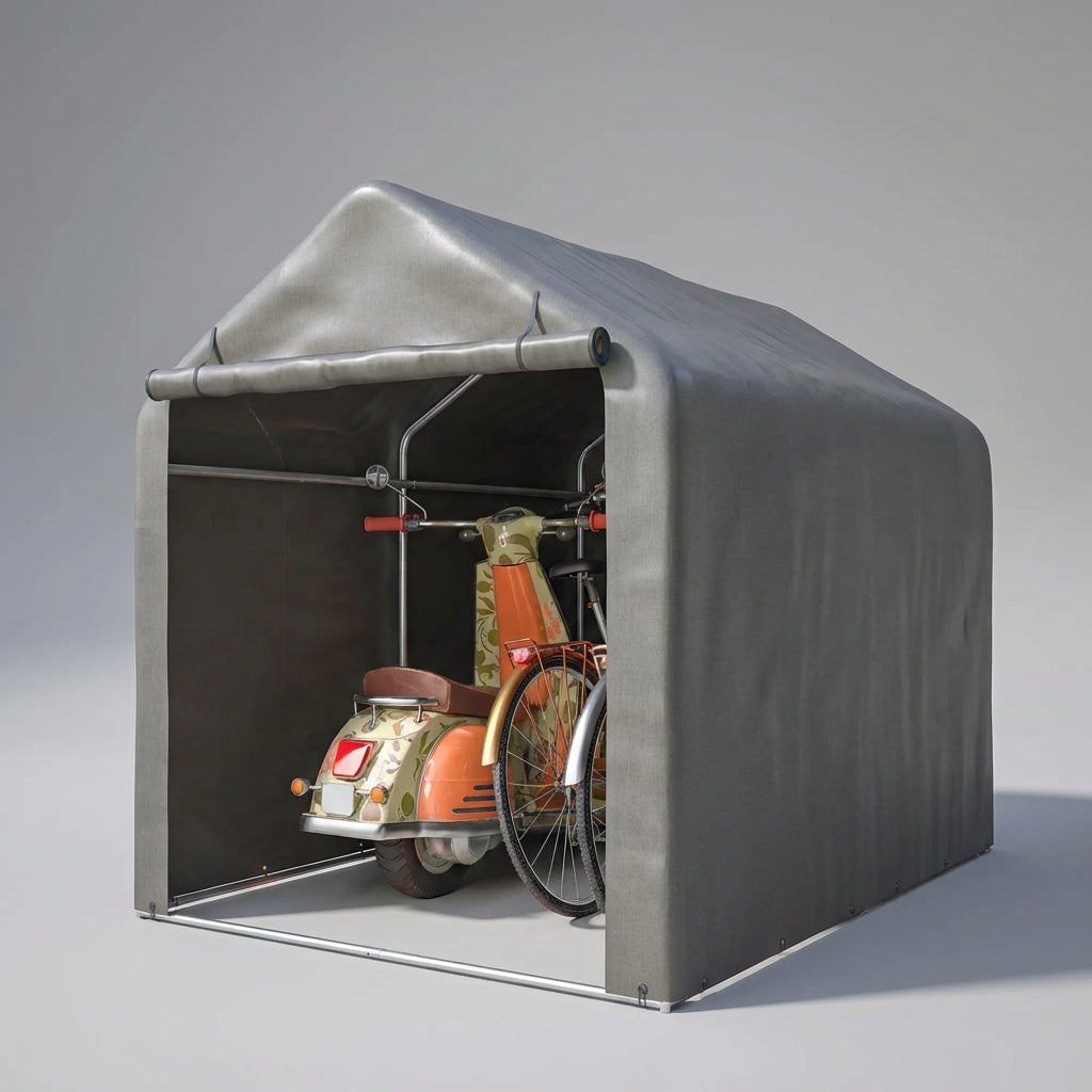 Compact bicycle shelter with roll-up door for bikes and garden equipment