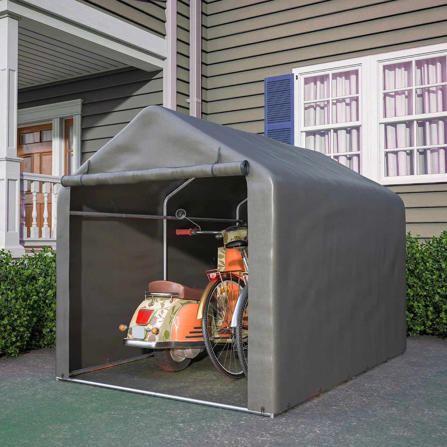 Compact bicycle shelter with roll-up door for bikes and garden equipment