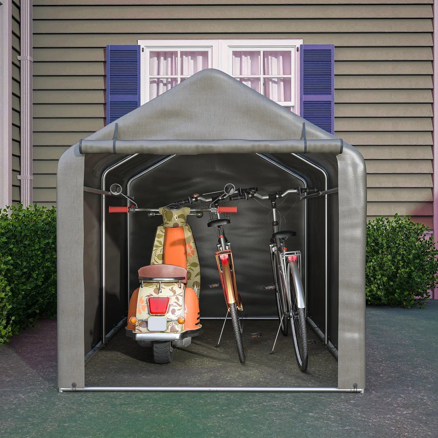 Compact bicycle shelter with roll-up door for bikes and garden equipment