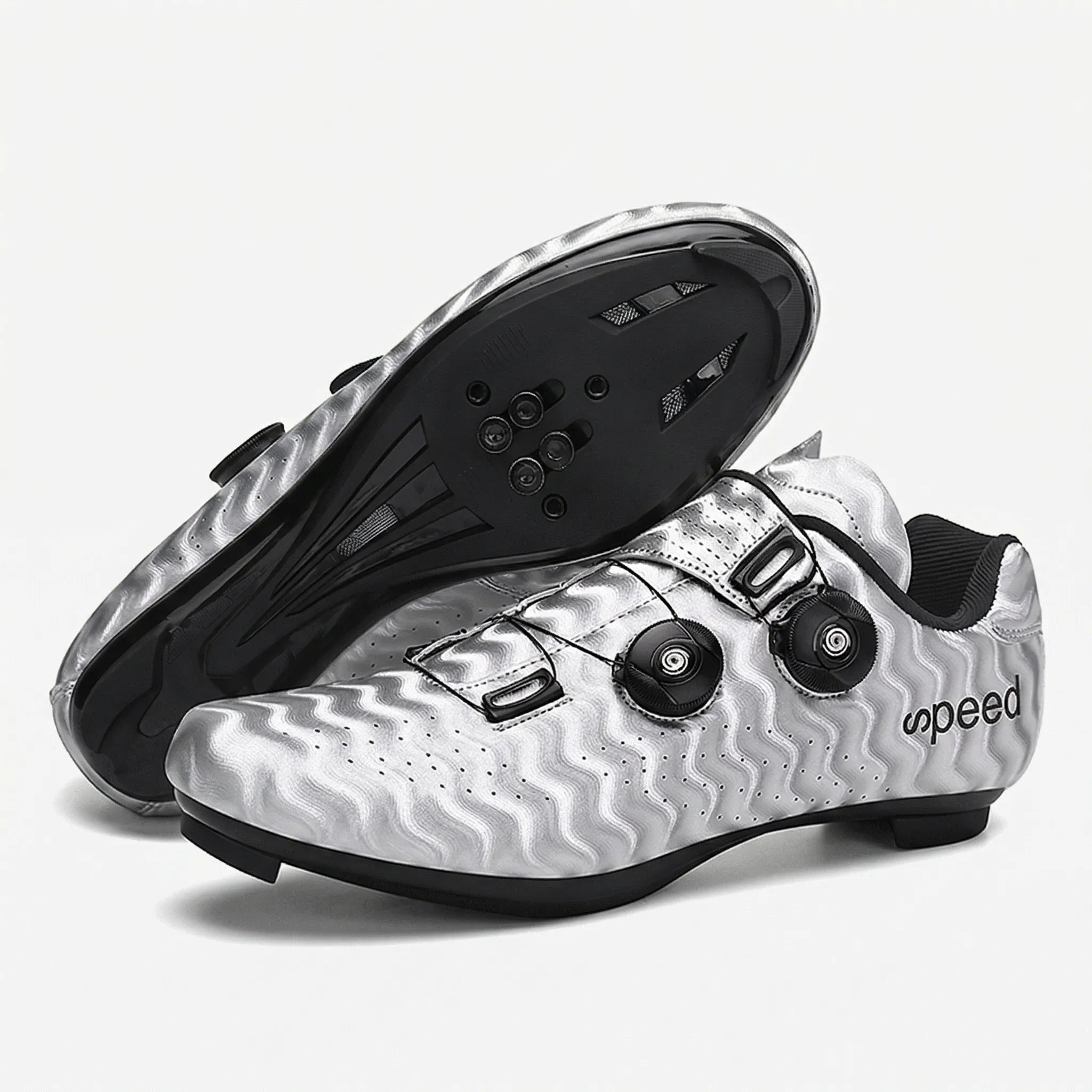 Hard-soled road cycling shoe with SPD cleat compatibility and dual rotary dial