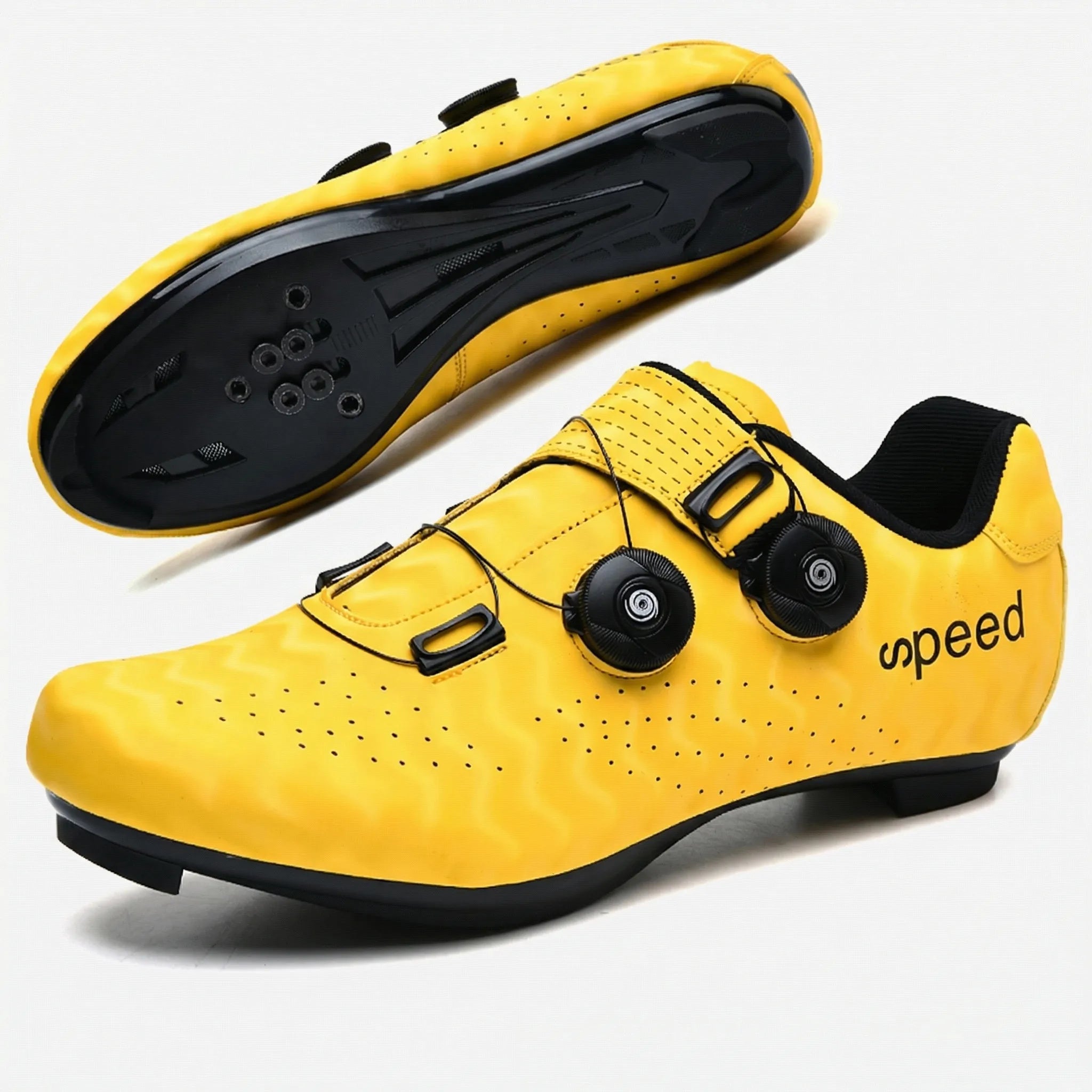 Hard-soled road cycling shoe with SPD cleat compatibility and dual rotary dial
