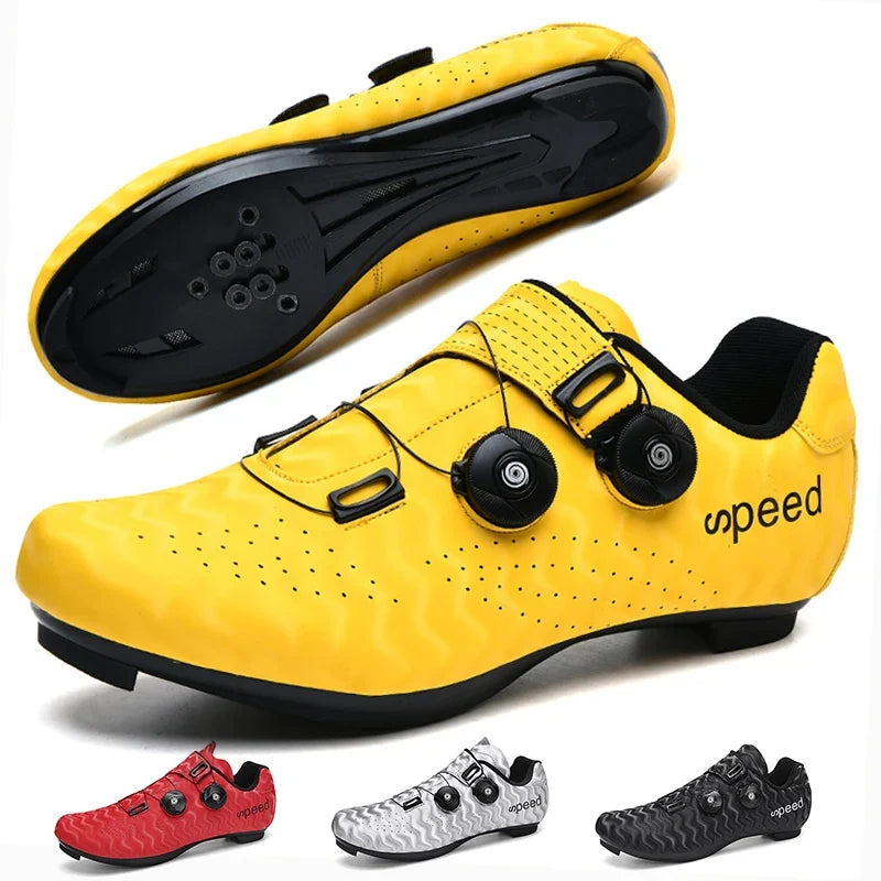 Hard-soled road cycling shoe with SPD cleat compatibility and dual rotary dial