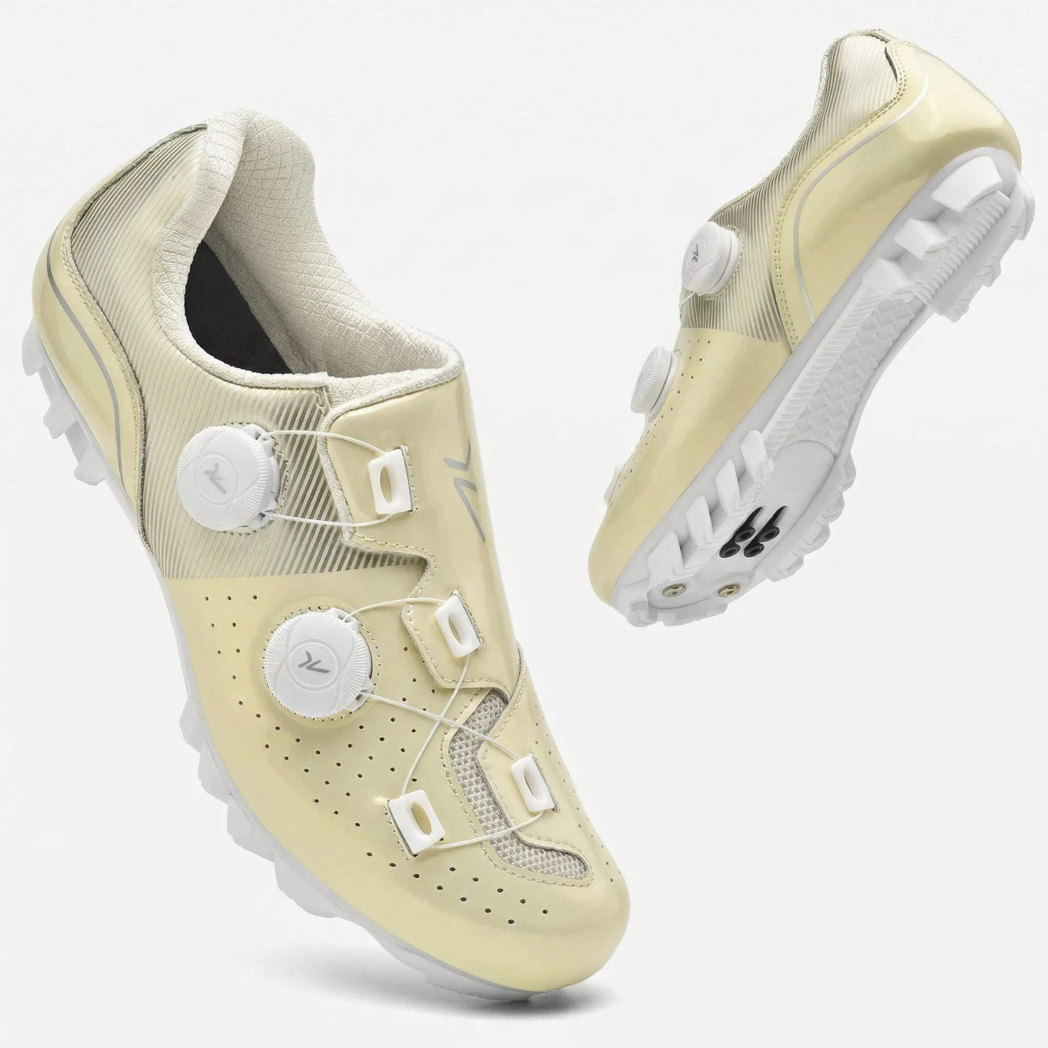 Road and MTB cycling shoes with dual rotary dial closure system