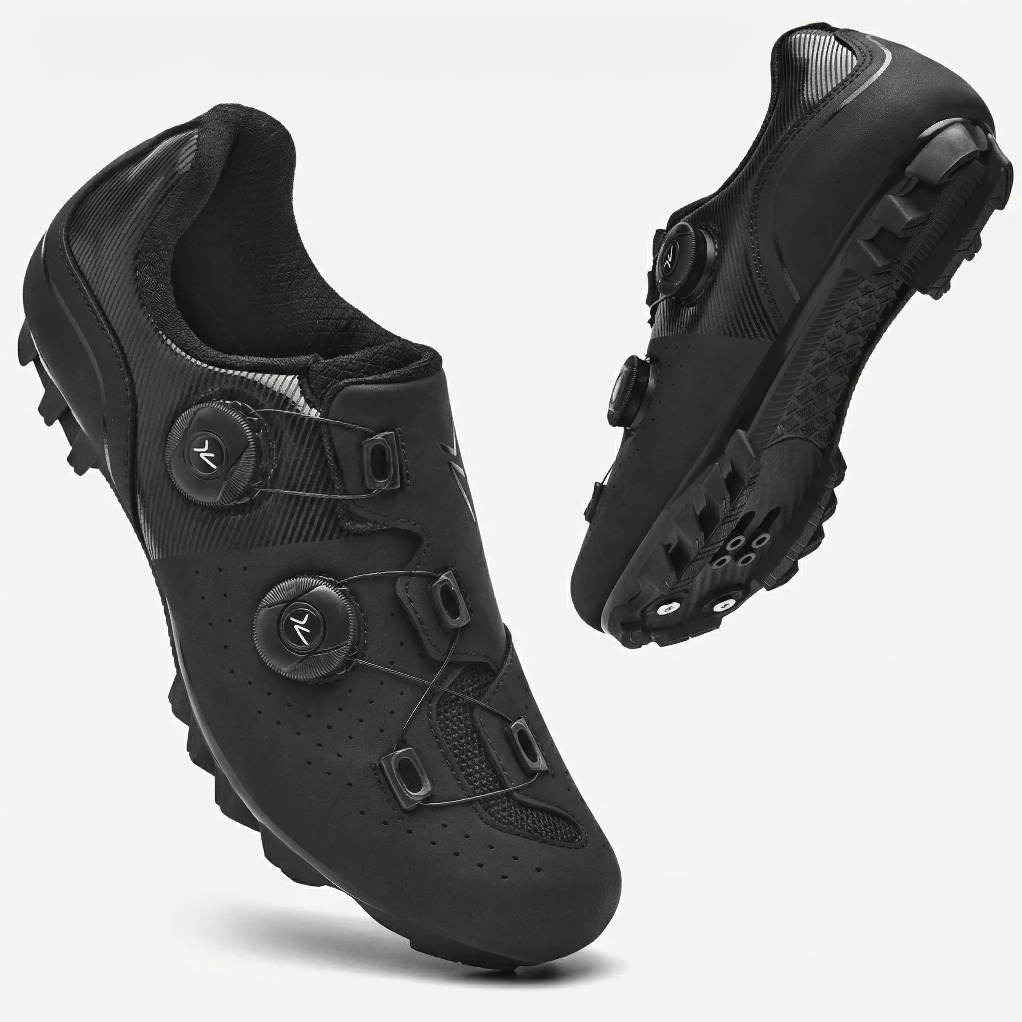 Road and MTB cycling shoes with dual rotary dial closure system