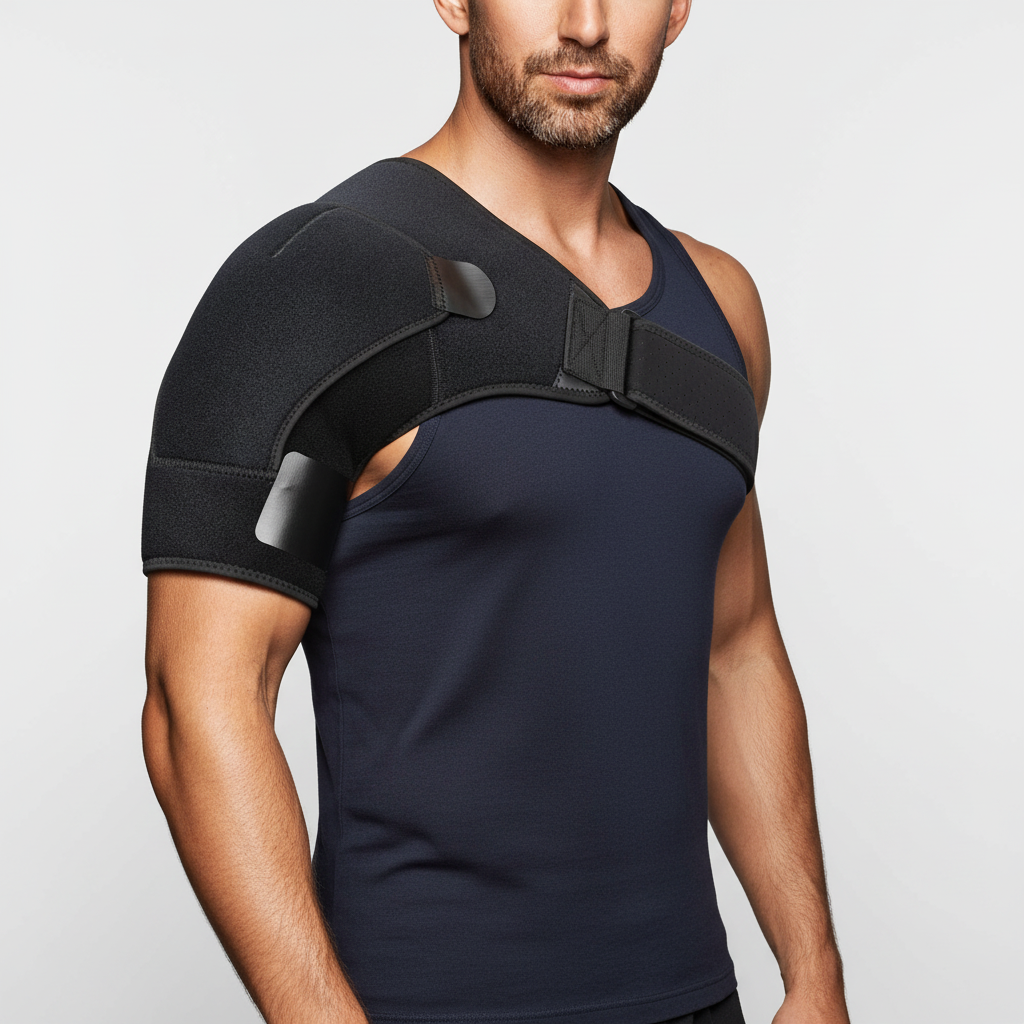 Adjustable compression shoulder brace with reinforced wrap design