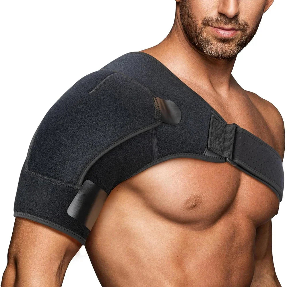 Adjustable compression shoulder brace with reinforced wrap design