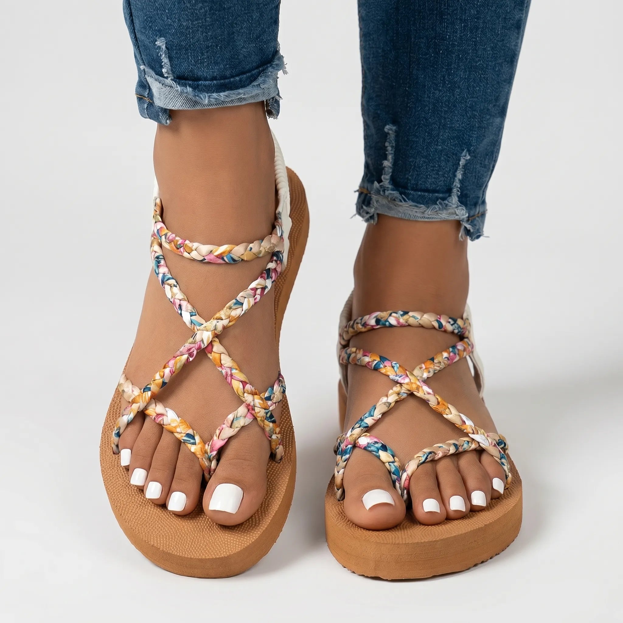 Women's flat summer sandals with multicolor braided woven straps