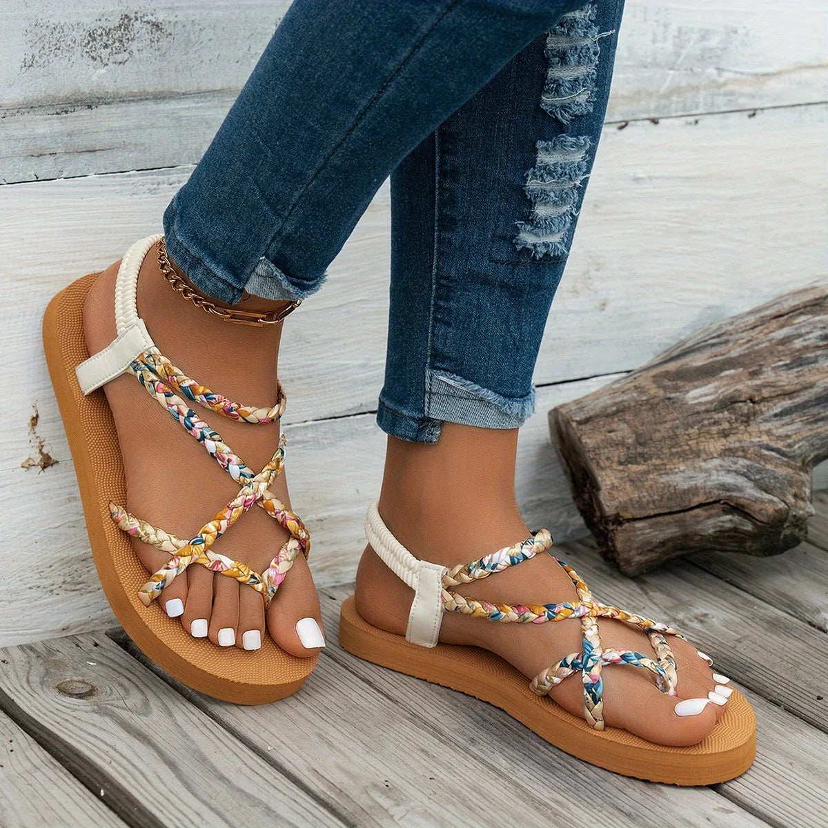 Women's flat summer sandals with multicolor braided woven straps