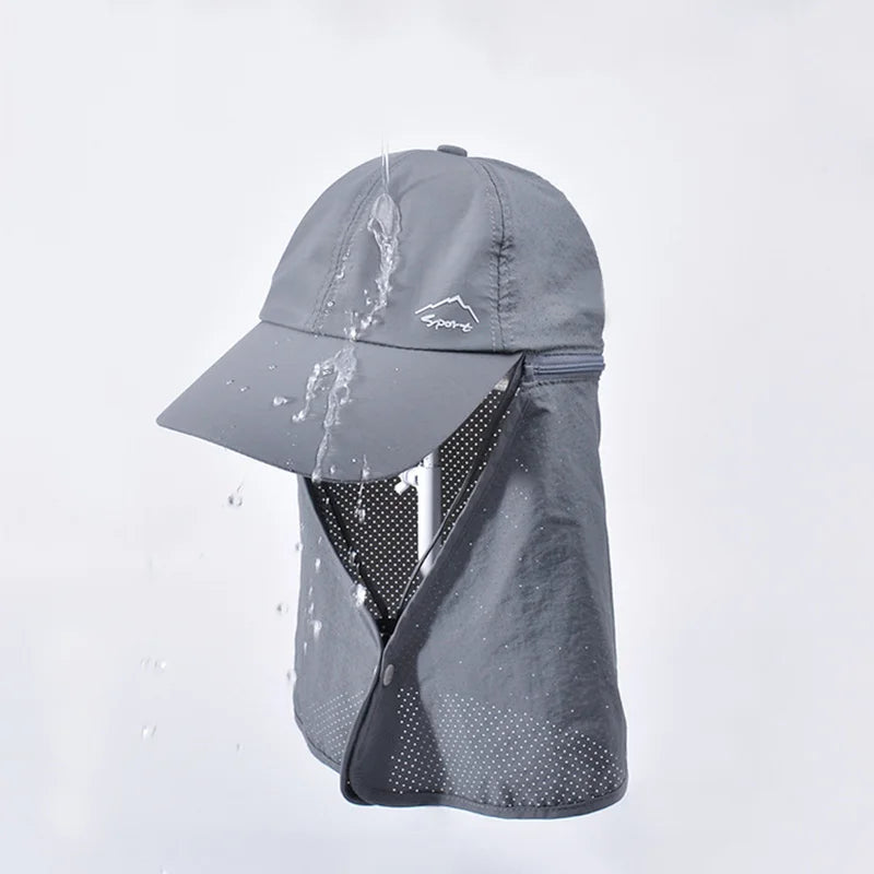 Outdoor cap with detachable zip-off neck flap and quick-drying fabric