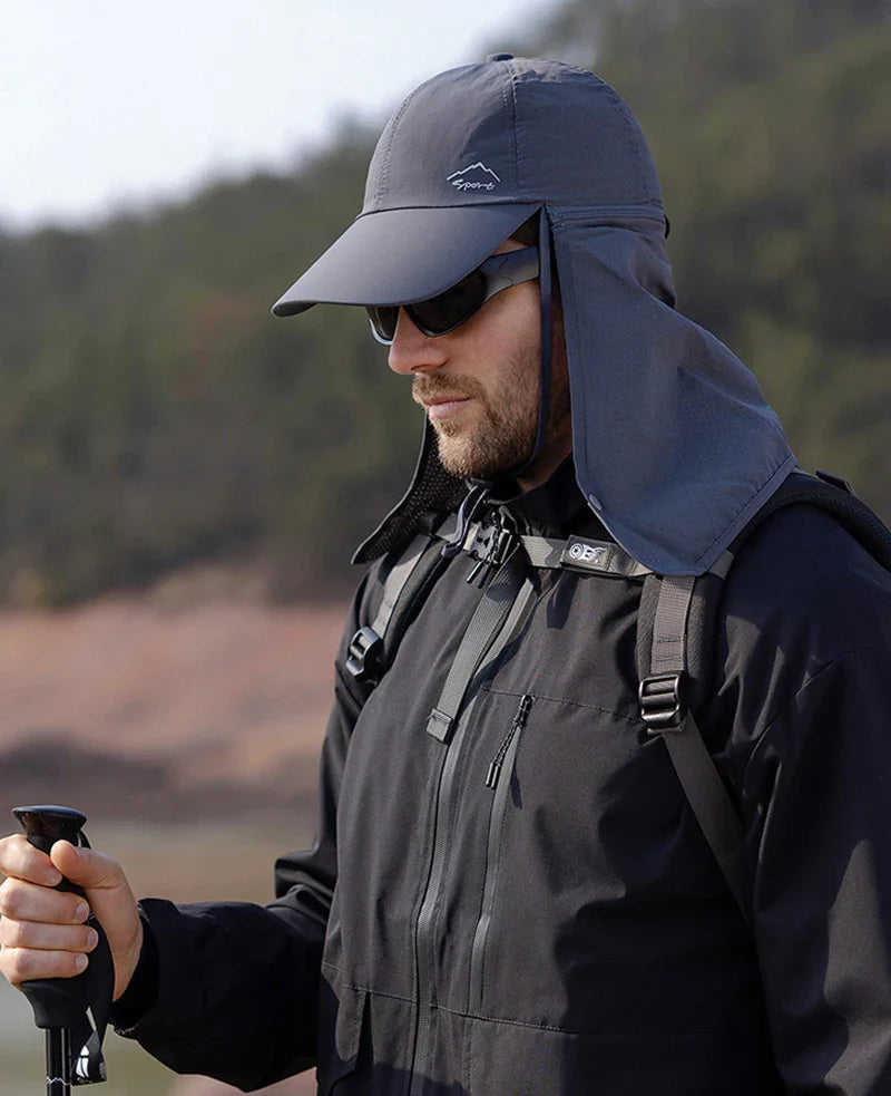 Outdoor cap with detachable zip-off neck flap and quick-drying fabric