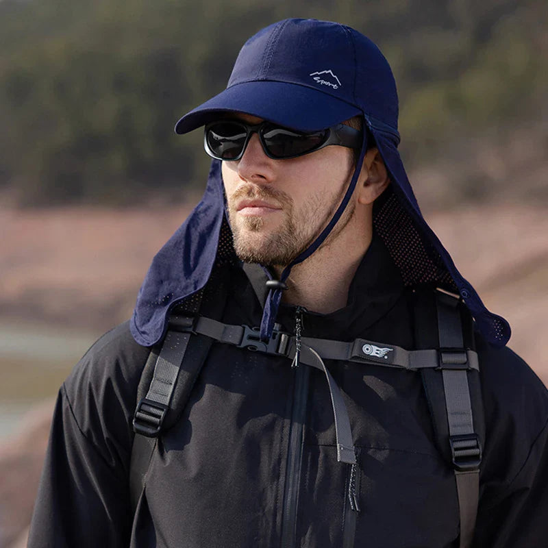Outdoor cap with detachable zip-off neck flap and quick-drying fabric